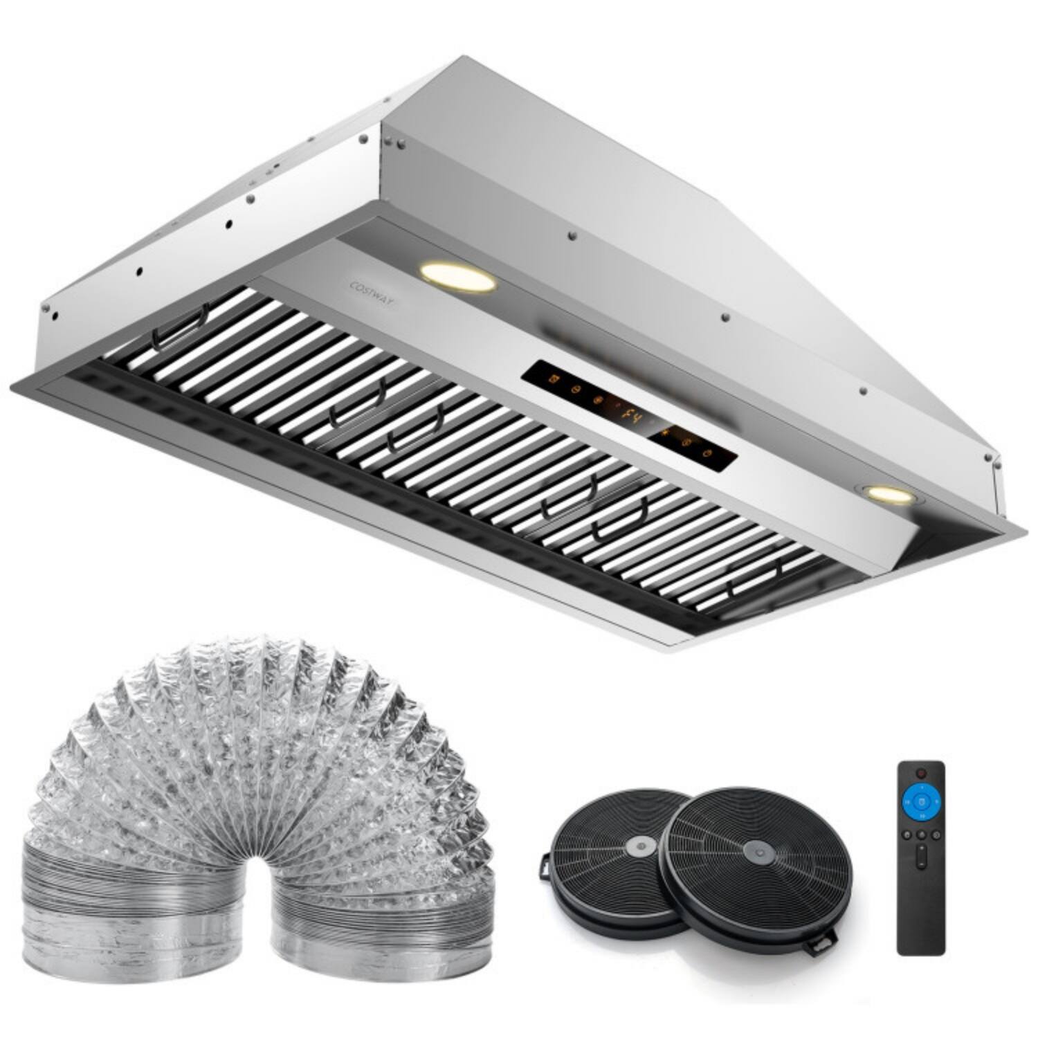 Front. LUCKY ONE - 36 Inch Under Cabinet Range Hood 900 CFM with 4 Speeds & Baffle Filters - Kitchen Vent - Silver.