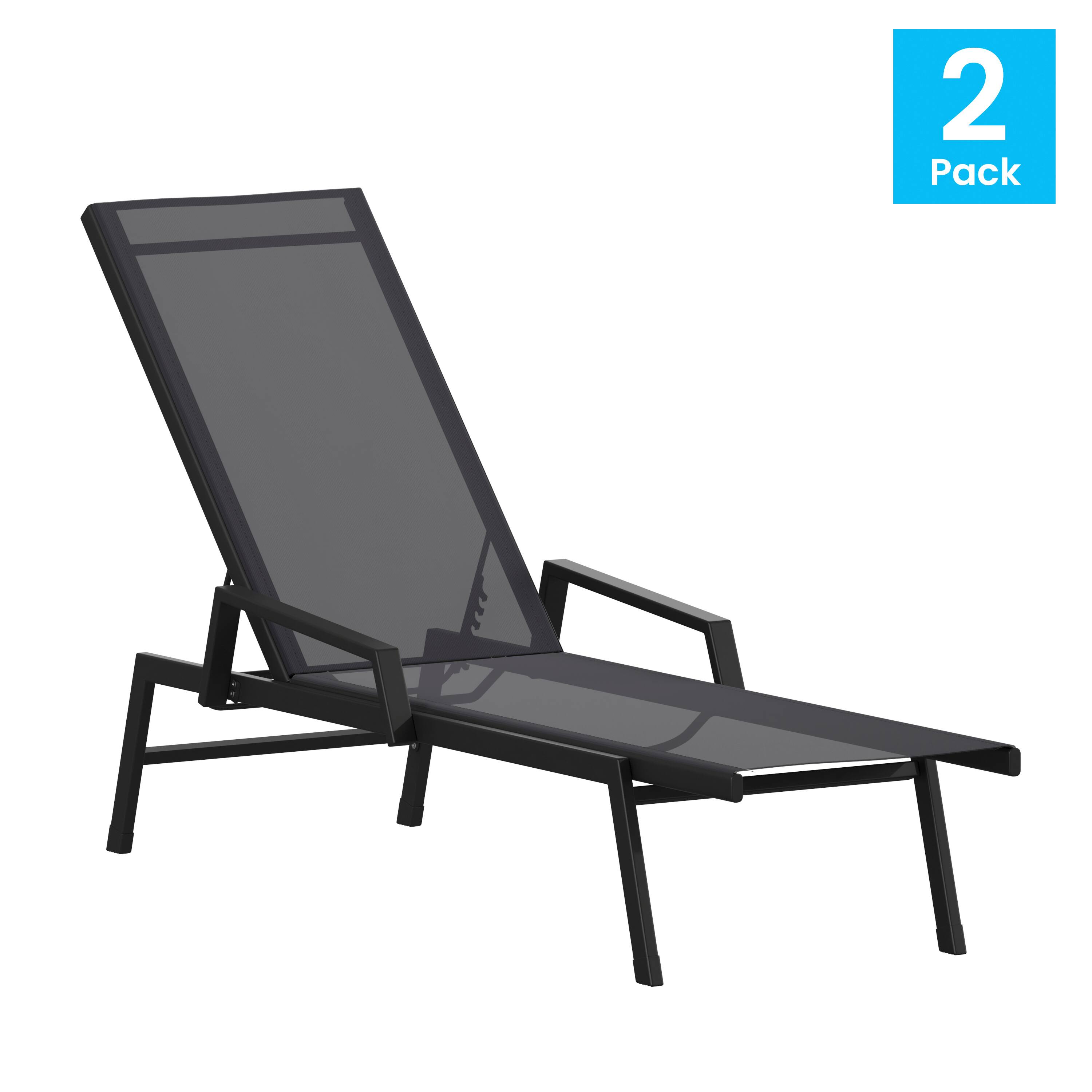 Alt View 1. Emma + Oliver - Braelin Set of 2 Textilene Adjustable 5 Position Patio Chaise Lounge with Armrests and Metal Frame - Black/Black.