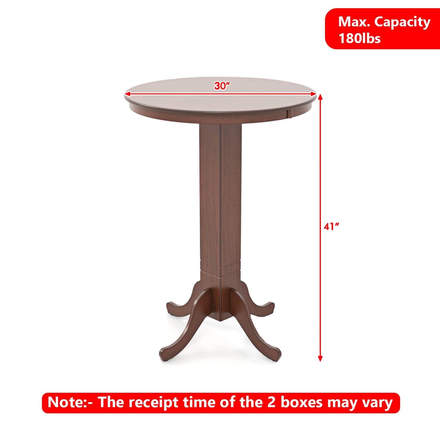 Max. Capacity 180lbs  
30"  
41"  

Note: The receipt time of the 2 boxes may vary