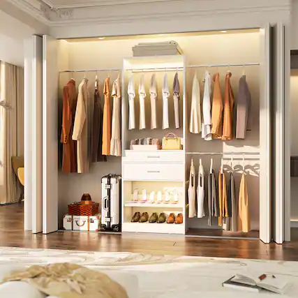 Front. Aheaplus - 8FT Closet Organizer with 4 Hanging Rods & Shelves, Walk-in Wardrobe System with Shoe Racks for Closet/Bedroom - White.