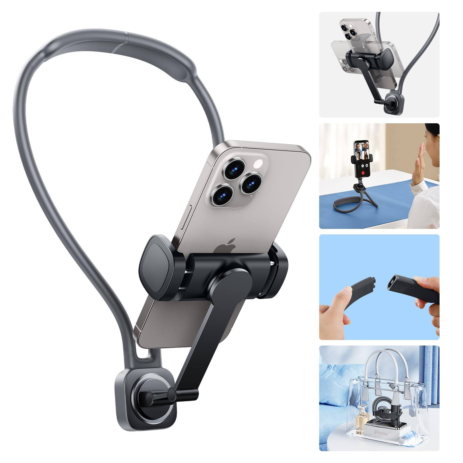 Front. PO3TICJUNKI3 - Neck Mount Phone Holder For Recording Pov vlog Cell Around With Clip Hands Free Tripod Selfie Filming Video - Default.