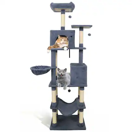 Front. Kadyn - 80-Inch Tall Large Cat Tree with Two Big Condos and Hanging Toys, Dark Gray - Gray.