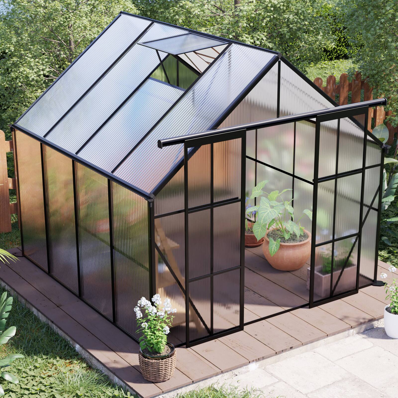 Left. Mondawe - 8x8 FT Double Door Polycarbonate Greenhouse - Black.