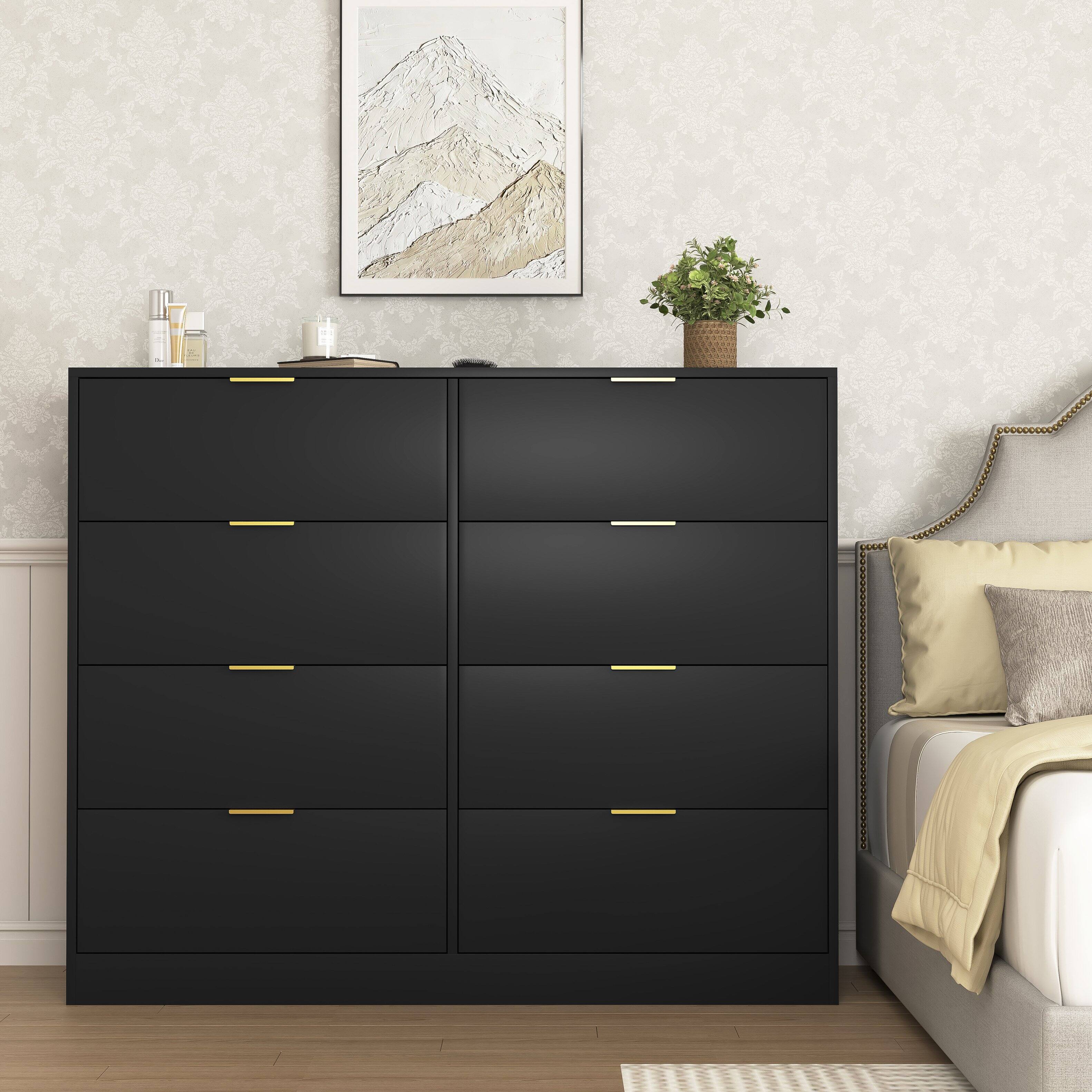 Angle. Z-Edge - 8 Drawer Dresser for Bedroom, Modern Chest of Drawers, Wood Storage Double Dresser with Deep Drawers for Living Room - Black.