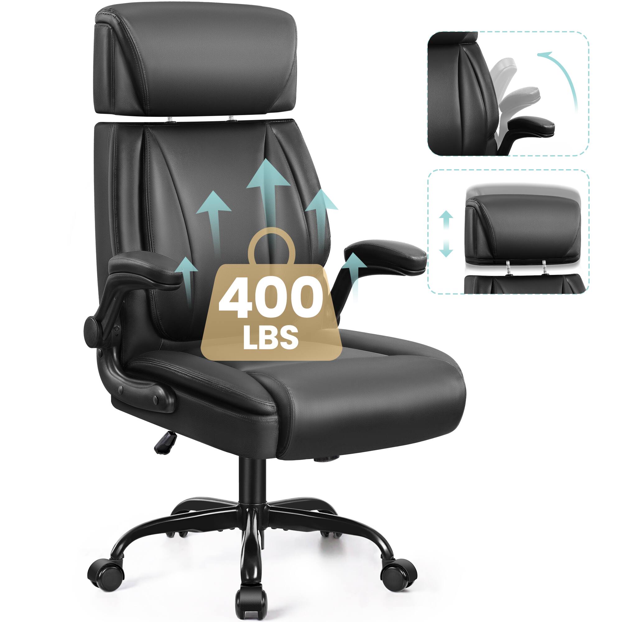 KERDOM - Ergonomic Office Chair with Lifting Headrest, Adjustable Executive PU Leather Chair, Filp-up Armrests, Tilt PC Chair - Black