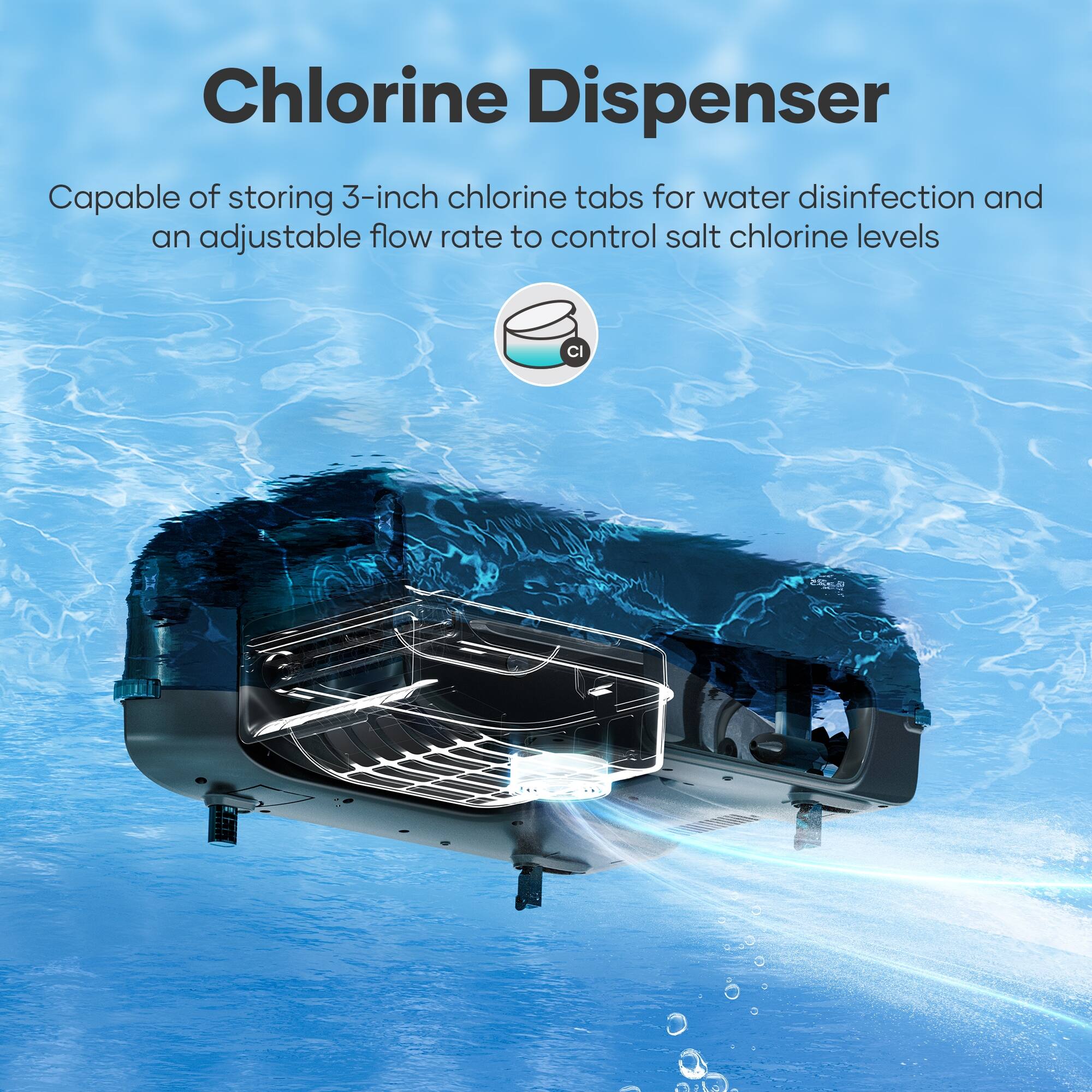 Chlorine Dispenser: Capable of storing 3-inch chlorine tabs for water disinfection and an adjustable flow rate to control salt chlorine levels.
