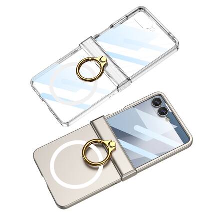 Front. Dteck - Built-in Screen Protector Magnetic Rugged Case For Samsung Galaxy Z Flip 7 Shockproof Ring Holder Kickstand Hing Cover - Clear.