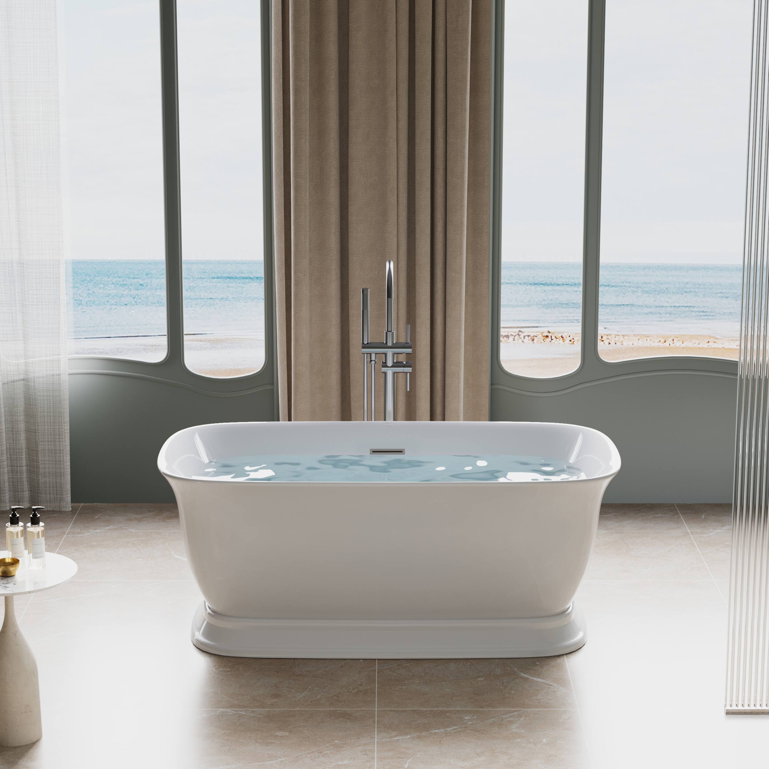 Front. WELLFOR - Tivor 59 in. x 31.5 in. Acrylic Freestanding Soaking Bathtub with Center Drain and Overflow - White.