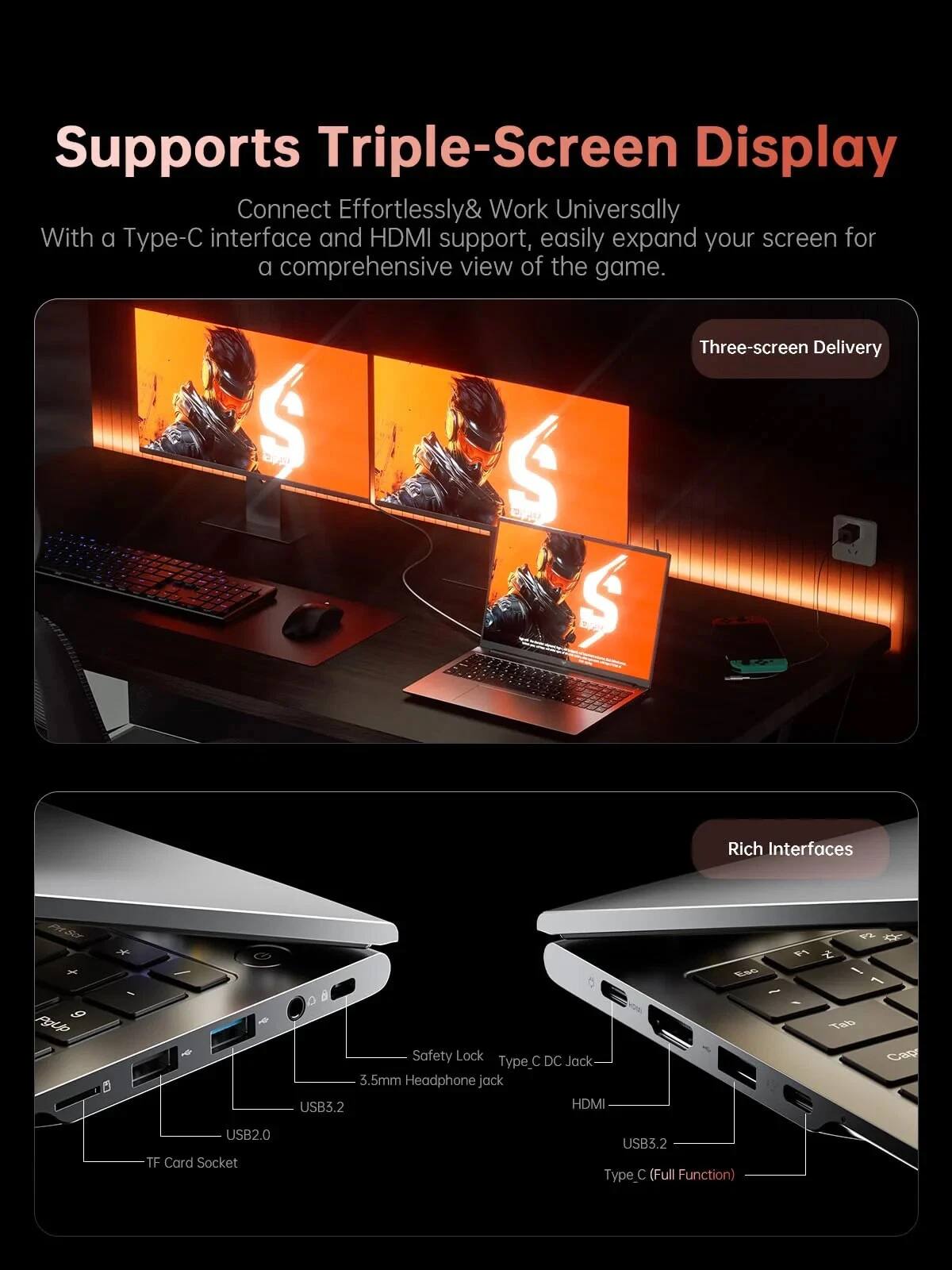Supports Triple-Screen Display  
Connect Effortlessly & Work Universally  
With a Type-C interface and HDMI support, easily expand your screen for a comprehensive view of the game.

Three-screen Delivery  
Rich Interfaces

- Safety Lock
- Type_C DC Jack
- 3.5mm Headphone jack
- USB3.2
- HDMI
- USB2.0
- TF Card Socket
- USB3.2 Type_C (Full Function)