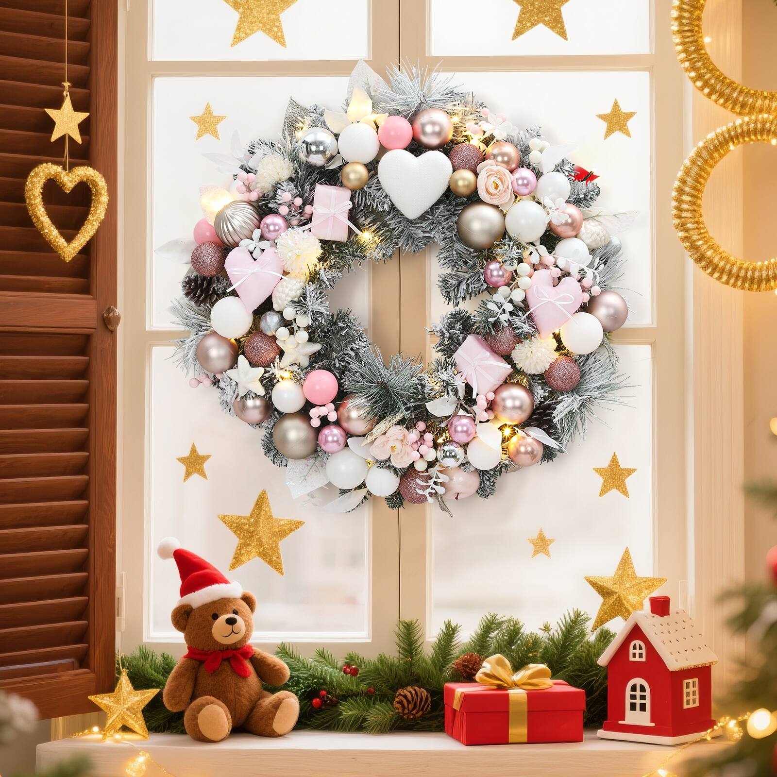 Alt View 1. Acekool - 24 Inch Prelit Christmas Wreath Artificial Xmas Wreath with 20 Led Lights Heart and Gift Box Ornaments for Front Door - Pink.