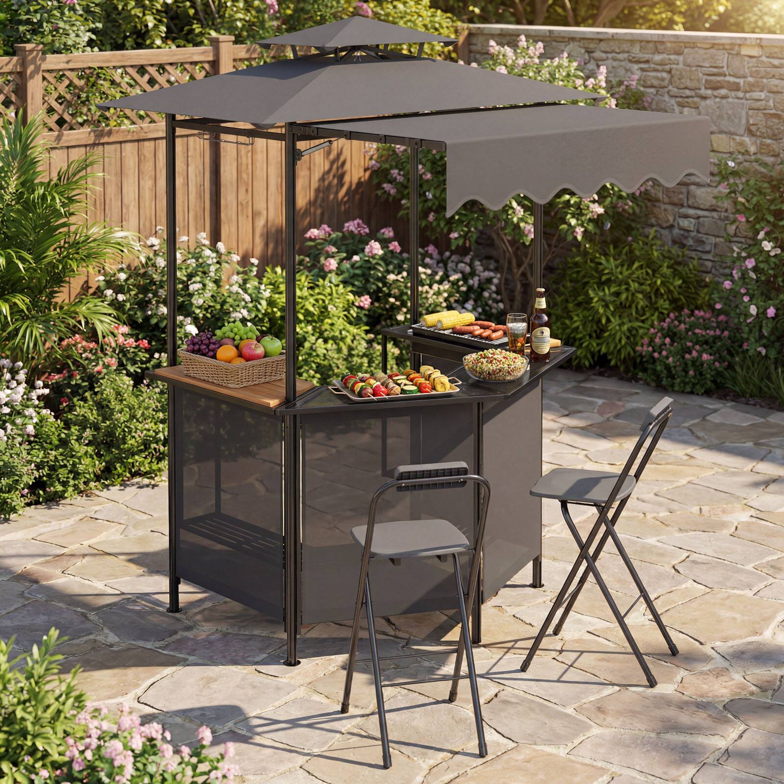 Alt View 5. Gymax - Gymax 2PCS Folding Bar Stools w/Ergonomic Seat & Comfortable Footrest Anti-Slip Feet Gray & Black - Gray.