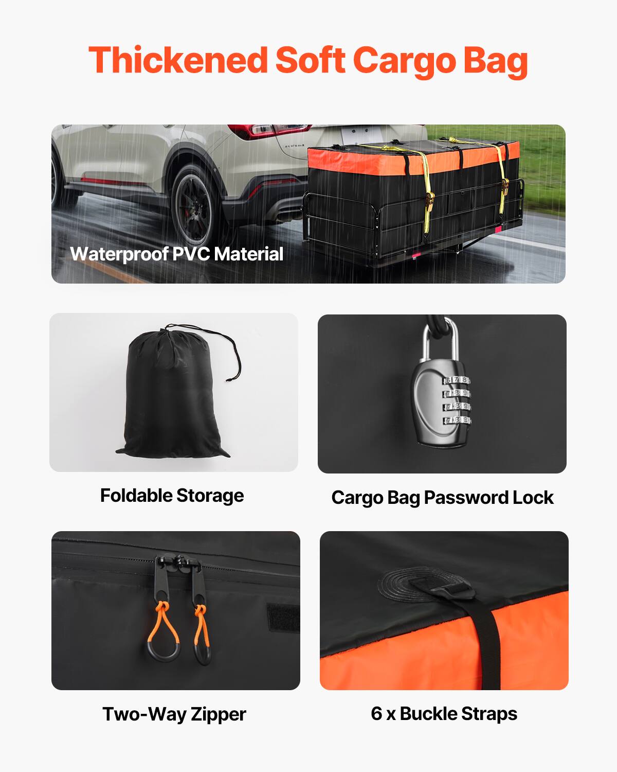 Thickened Soft Cargo Bag
Waterproof PVC Material
Foldable Storage
Cargo Bag Password Lock
Two-Way Zipper
6 x Buckle Straps