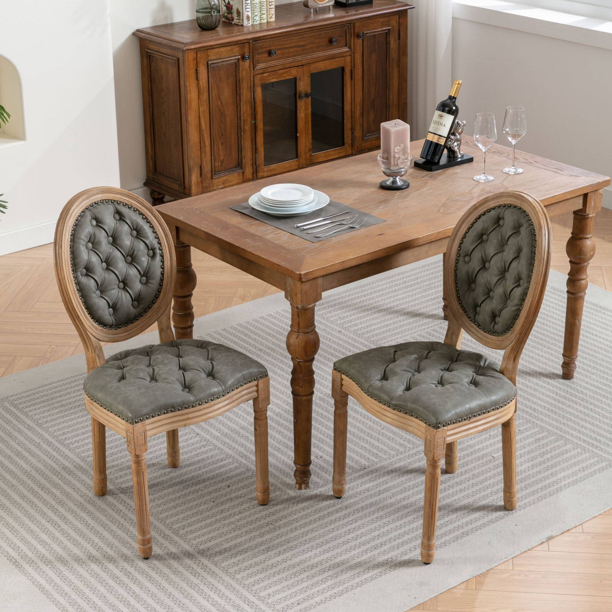 Alt View 8. GOODSILO - French Style Solid Wood Frame Antique Dining Chairs with Hand-Pulled Buckle Decoration and Nailhead Trim, Set of 2 - Olive Green.