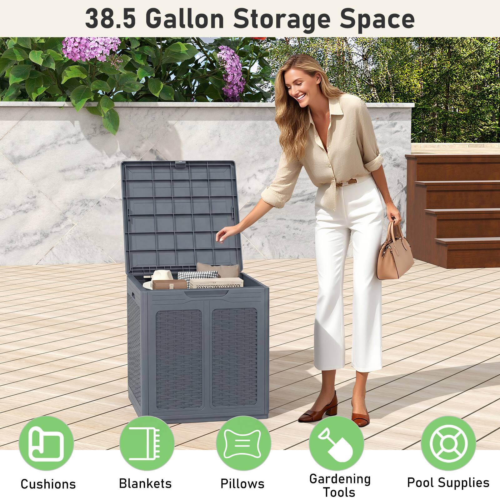 38.5 Gallon Storage Space: Cushions, Blankets, Pillows, Gardening Tools, Pool Supplies