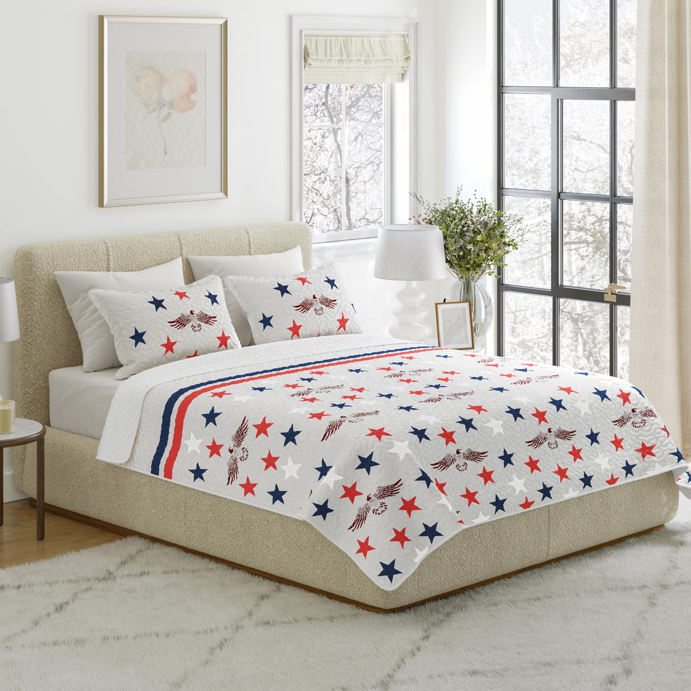 Lavish Home - 2PC Twin Quilt Set with Sham, Stars - Gray, Red, White, and Blue