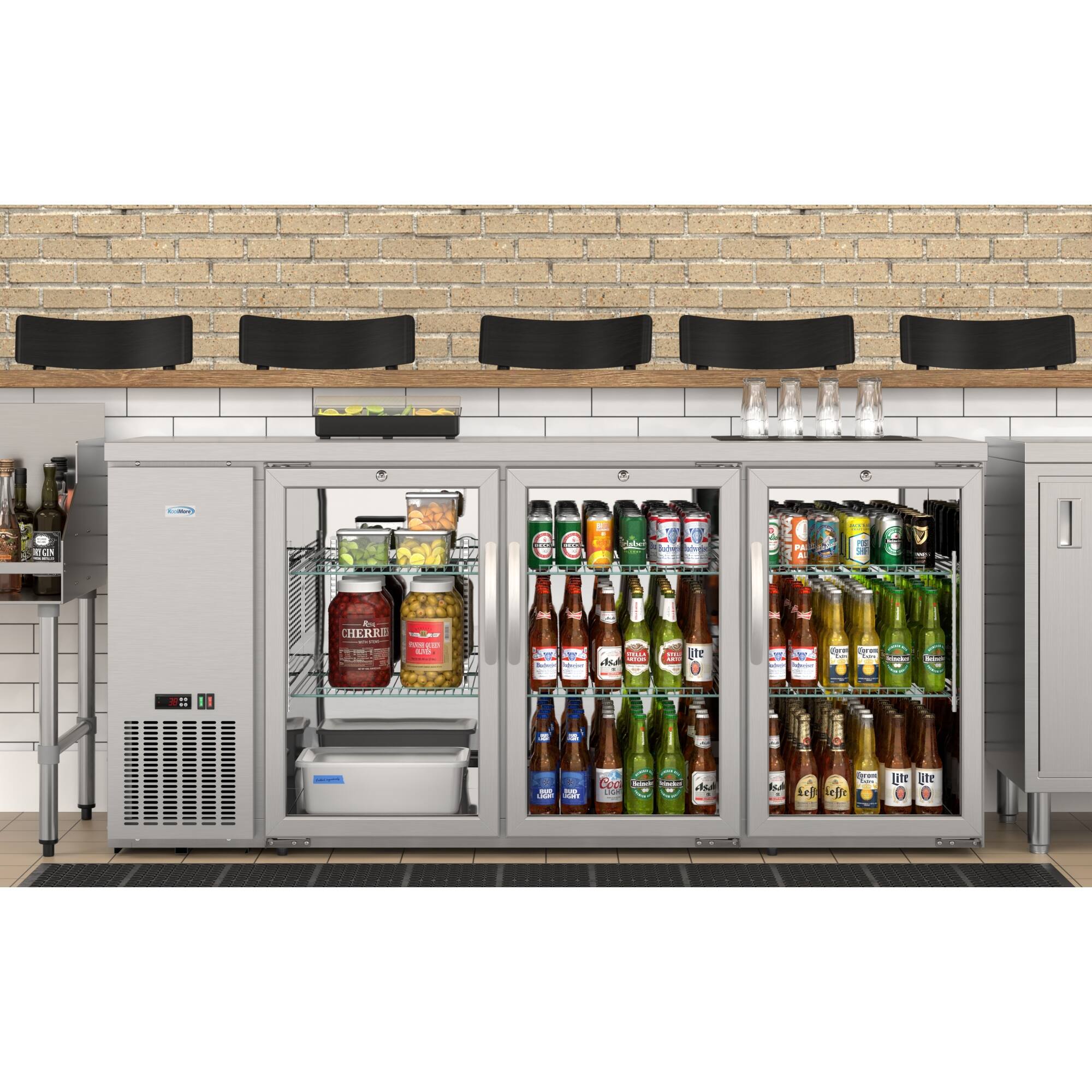 The image shows a refrigerator with a variety of drinks inside, including bottles and cups. The refrigerator is located in a restaurant, and there are several chairs placed around the area. The chairs are arranged in a row, with some closer to the refrigerator and others further away. The scene gives an impression of a well-stocked and organized restaurant, ready to serve customers with their choice of beverages.