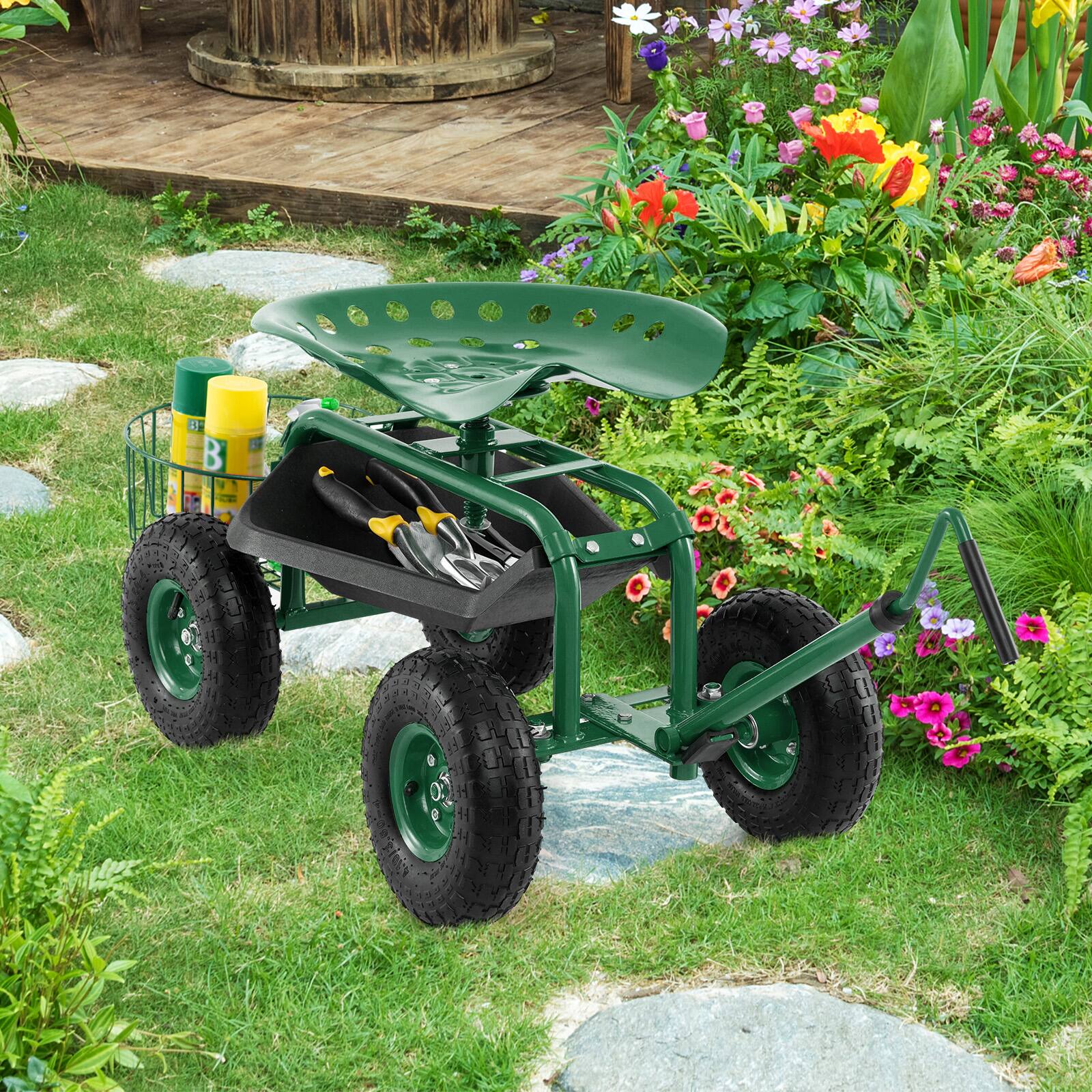 Alt View 3. Costway - Costway Garden Cart Rolling Work Seat for Planting with Extendable Handle - Green.