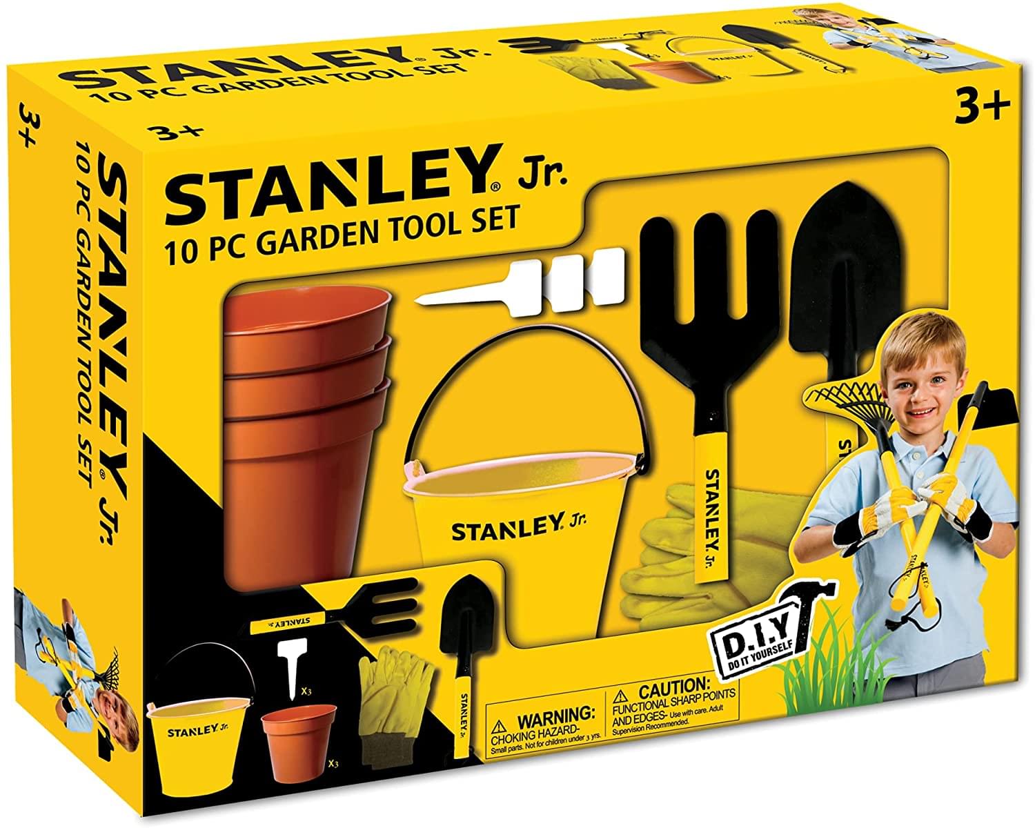 STANLEY Jr. 10 PC GARDEN TOOL SET  
3+  

WARNING: CHOKING HAZARD - Small parts. Not for children under 3 years.  
CAUTION: FUNCTIONAL SHARP POINTS AND EDGES - Use with adult supervision.  

D.I.Y. DO IT YOURSELF