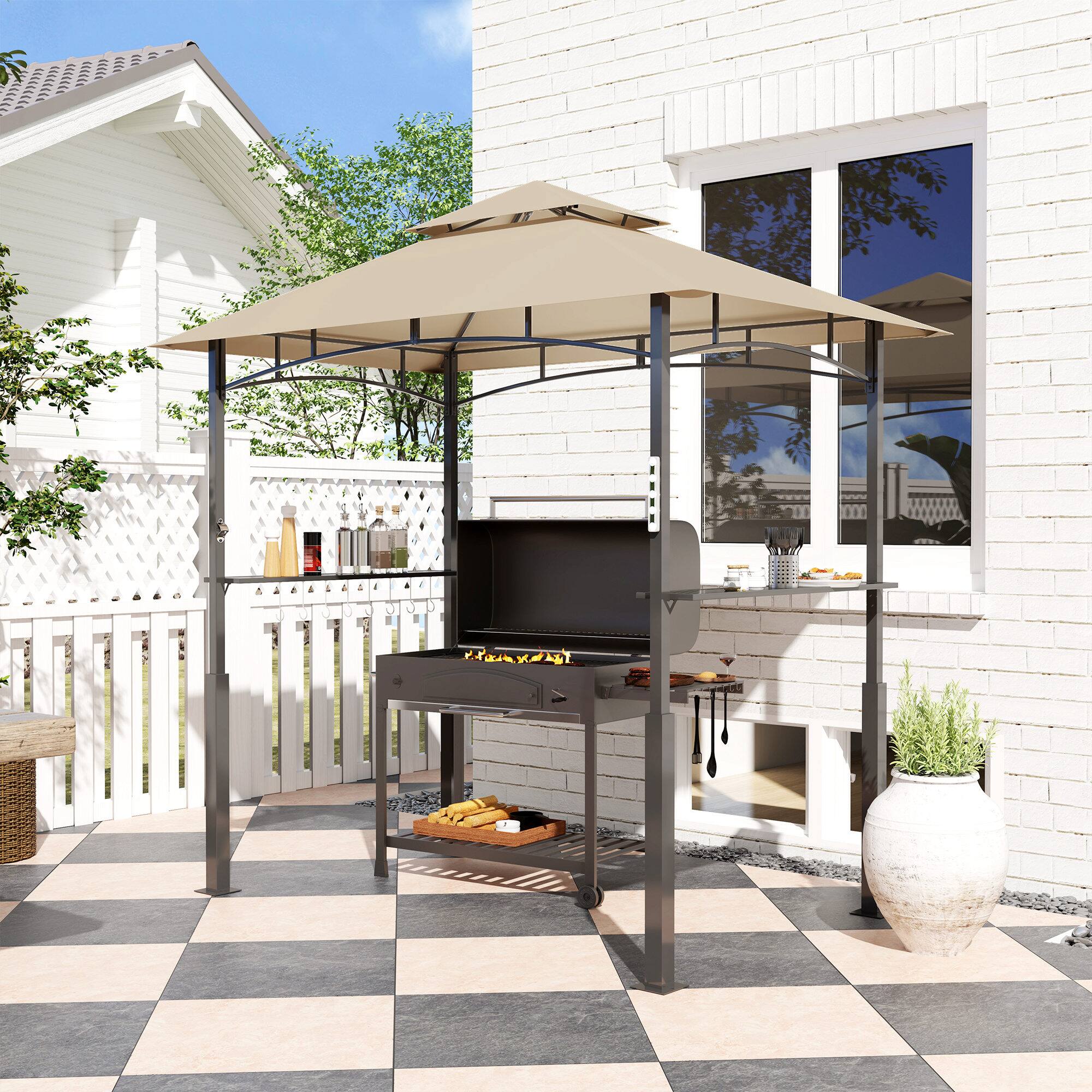 Alt View 1. Outsunny - x 5' Outdoor Grill Gazebo, Barbecue Gazebo Shelter with LED Light, 2 Side Shelves, Hooks - Khaki.