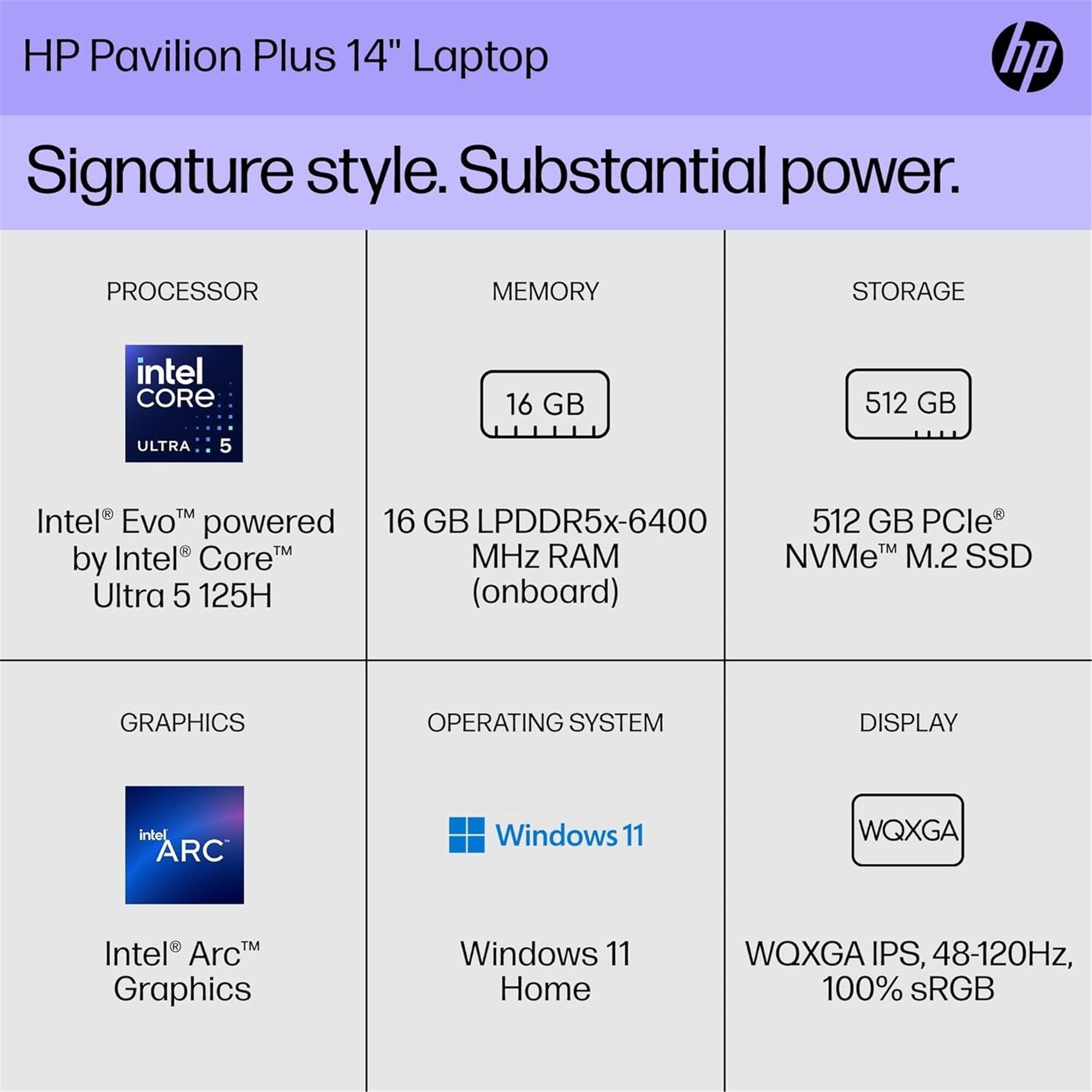 HP Pavilion Plus 14" Laptop  
Signature style. Substantial power.

**PROCESSOR**  
Intel® Evo™ powered by Intel® Core™ Ultra 5 125H

**MEMORY**  
16 GB LPDDR5x-6400 MHz RAM (onboard)

**STORAGE**  
512 GB PCIe® NVMe™ M.2 SSD

**GRAPHICS**  
Intel® Arc™ Graphics

**OPERATING SYSTEM**  
Windows 11 Home

**DISPLAY**  
WQXGA IPS, 48-120Hz, 100% sRGB