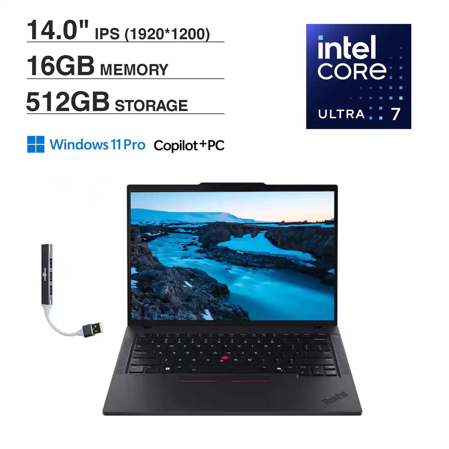 Lenovo - ThinkPad T14 Laptop 14.0 WUXGA (Intel Ultra 7-255U, 16GB DDR5, 512GB PCIe SSD, Win 11 Pro) w/USB Hub - Black