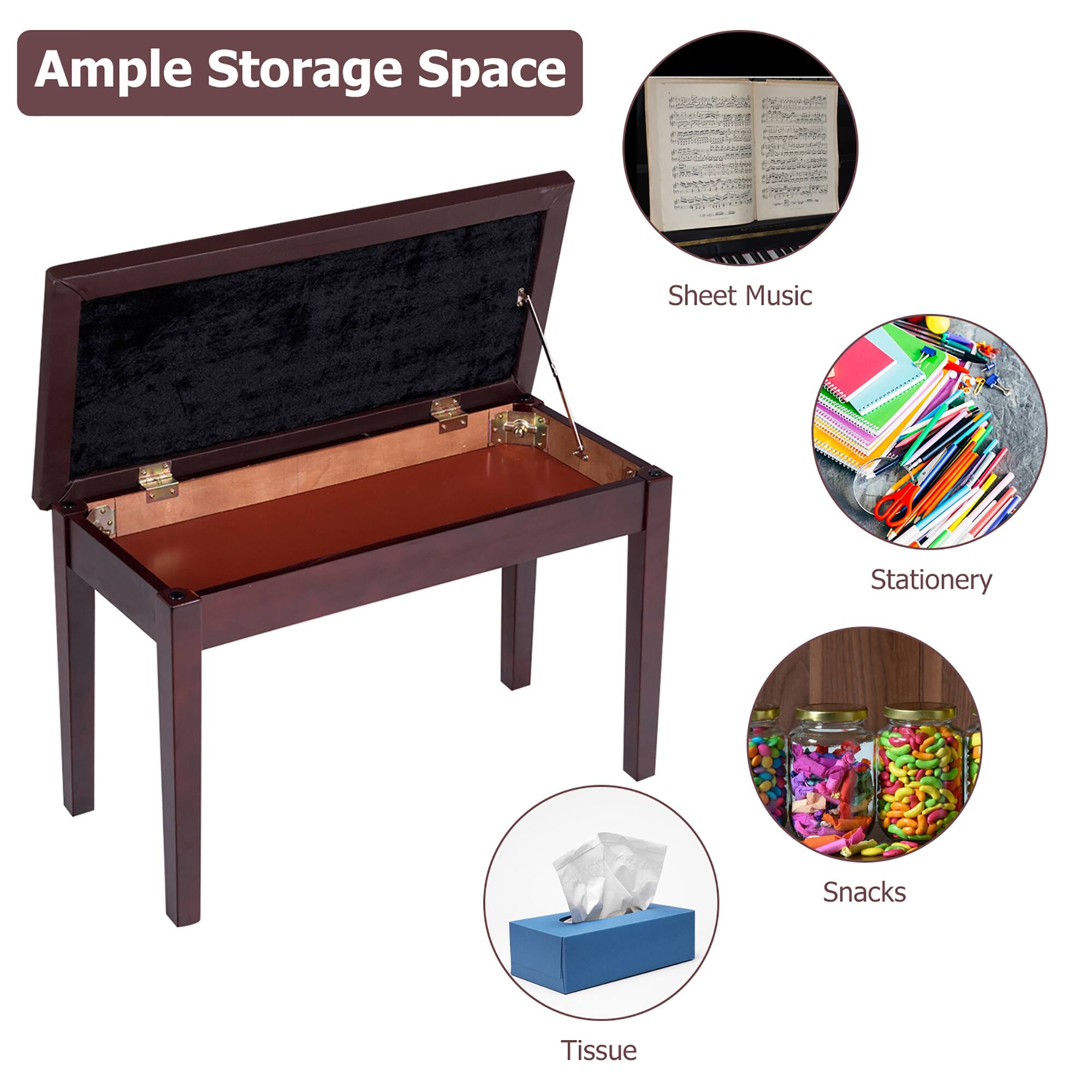 Ample Storage Space  
Sheet Music  
Stationery  
Snacks  
Tissue