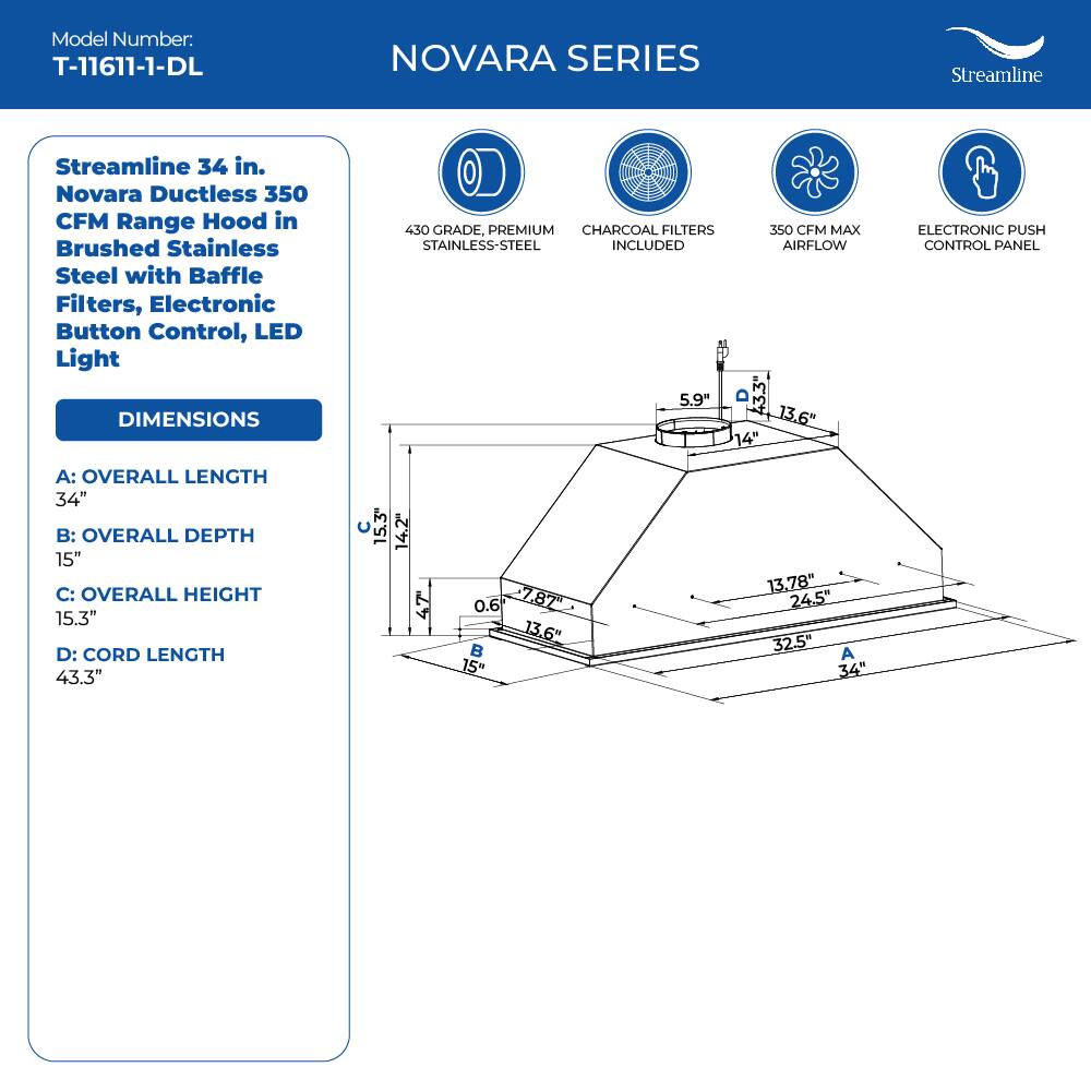 Model Number: T-11611-1-DL NOVARA SERIES Streamline Streamline 34 in. Novara Ductless 350 CFM Range Hood in Brushed Stainless Steel with Baffle Filters, Electronic Button Control, LED Light DIMENSIONS 430 GRADE, PREMIUM CHARCOAL FILTERS 350 CFM MAX STAINLESS-STEEL INCLUDED AIRFLOW ELECTRONIC PUSH CONTROL PANEL A: OVERALL LENGTH 34" B: OVERALL DEPTH 15" C: OVERALL HEIGHT 15.3" D: CORD LENGTH 43.3" 15.3 14.2" 4T 0.6 7872 13.6"  15" 13,78" 24,5" 32.5" A 34"