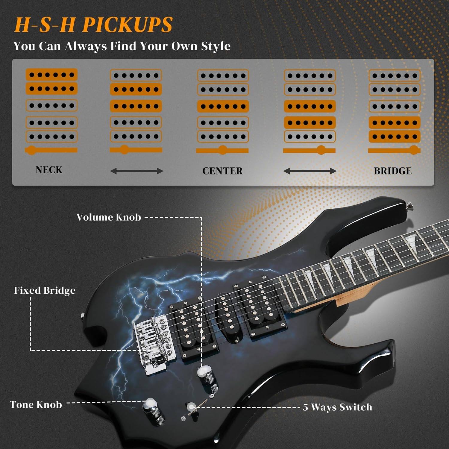 H-S-H PICKUPS  
You Can Always Find Your Own Style  

NECK CENTER BRIDGE  

Volume Knob  
Fixed Bridge  
Tone Knob  
5 Ways Switch