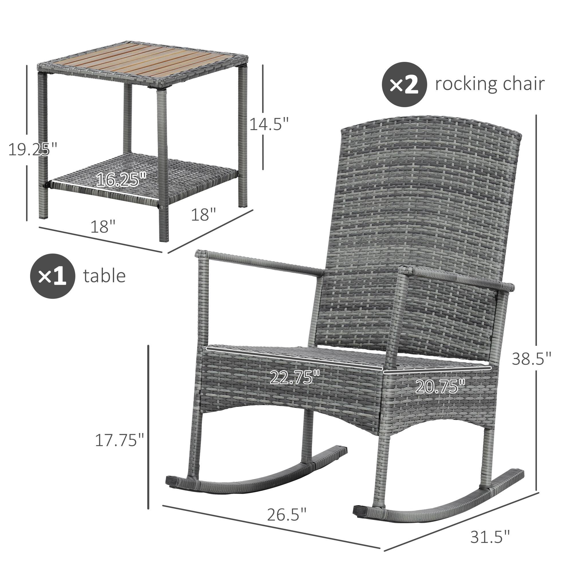 x2 rocking chair  
19.25" 14.5" 16.25" 18" 18"  
x1 table  
22.75" 20.75" 38.5" 17.75" 26.5" 31.5"