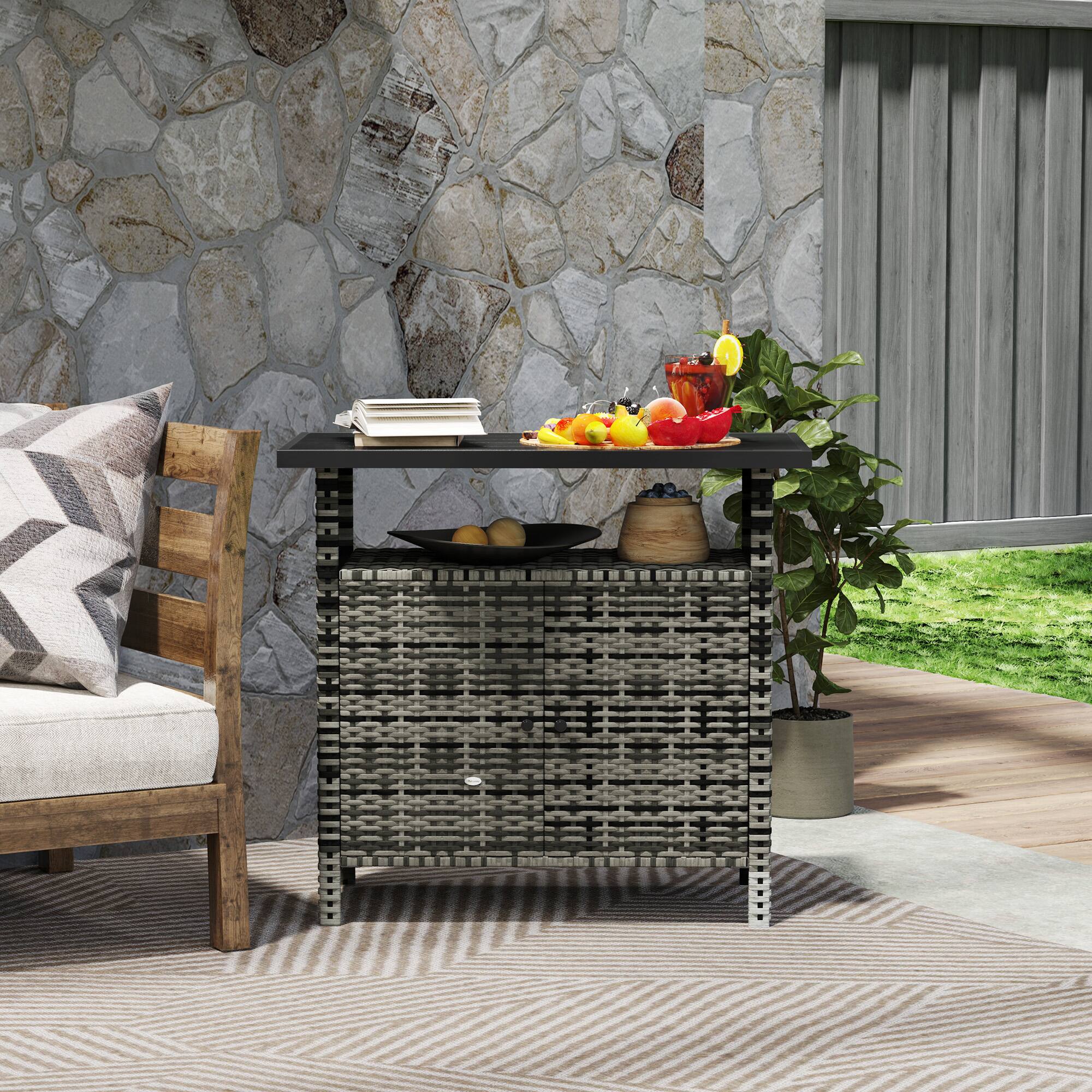 Alt View 7. Outsunny - Wicker Outdoor Storage Cabinet, Rattan Outdoor Bar Table with 2 Doors and Shelf, Outdoor Buffet Cabinet Sideboard - Mixed Gray.