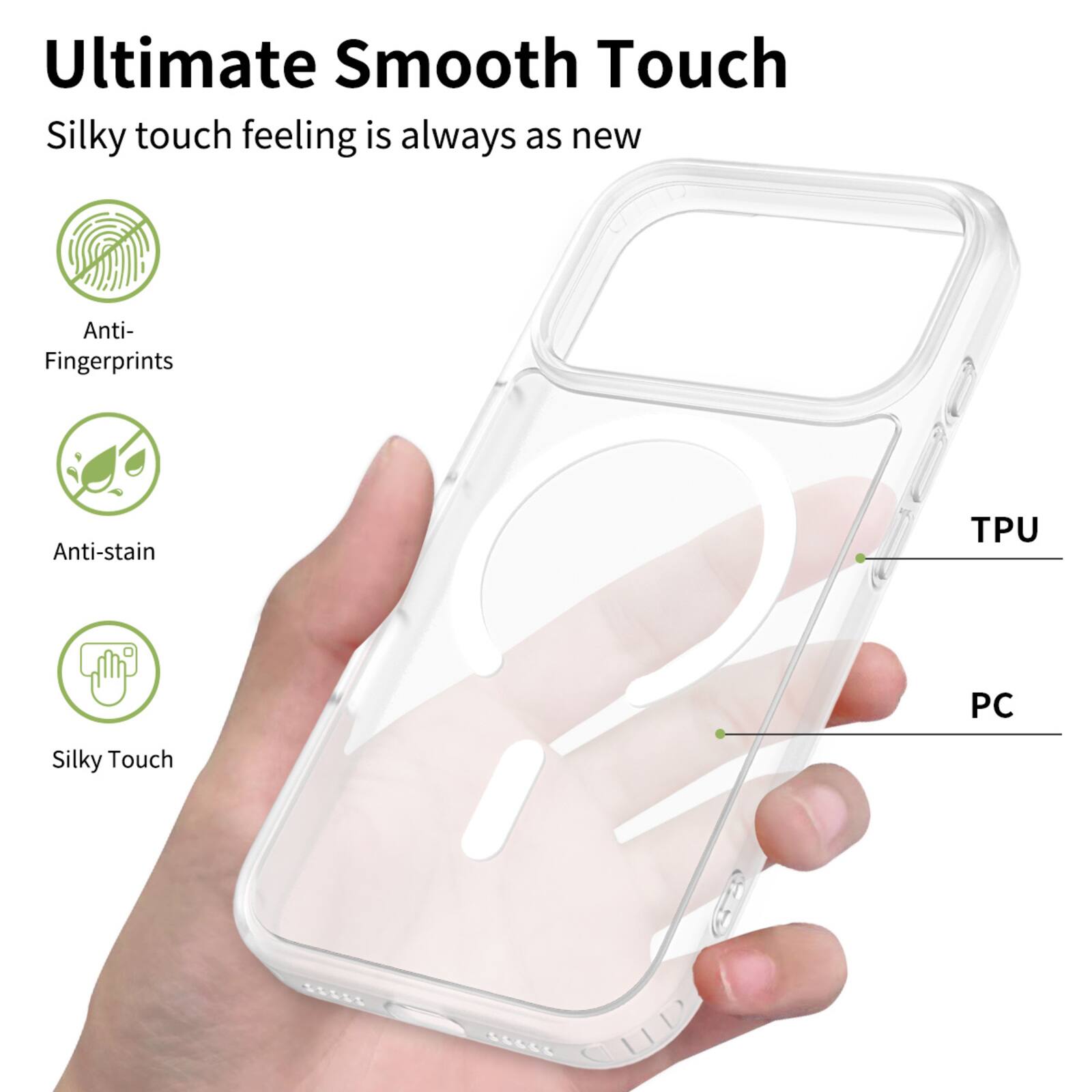 Ultimate Smooth Touch  
Silky touch feeling is always as new  
Anti-Fingerprints  
Anti-stain  
Silky Touch  
TPU PC