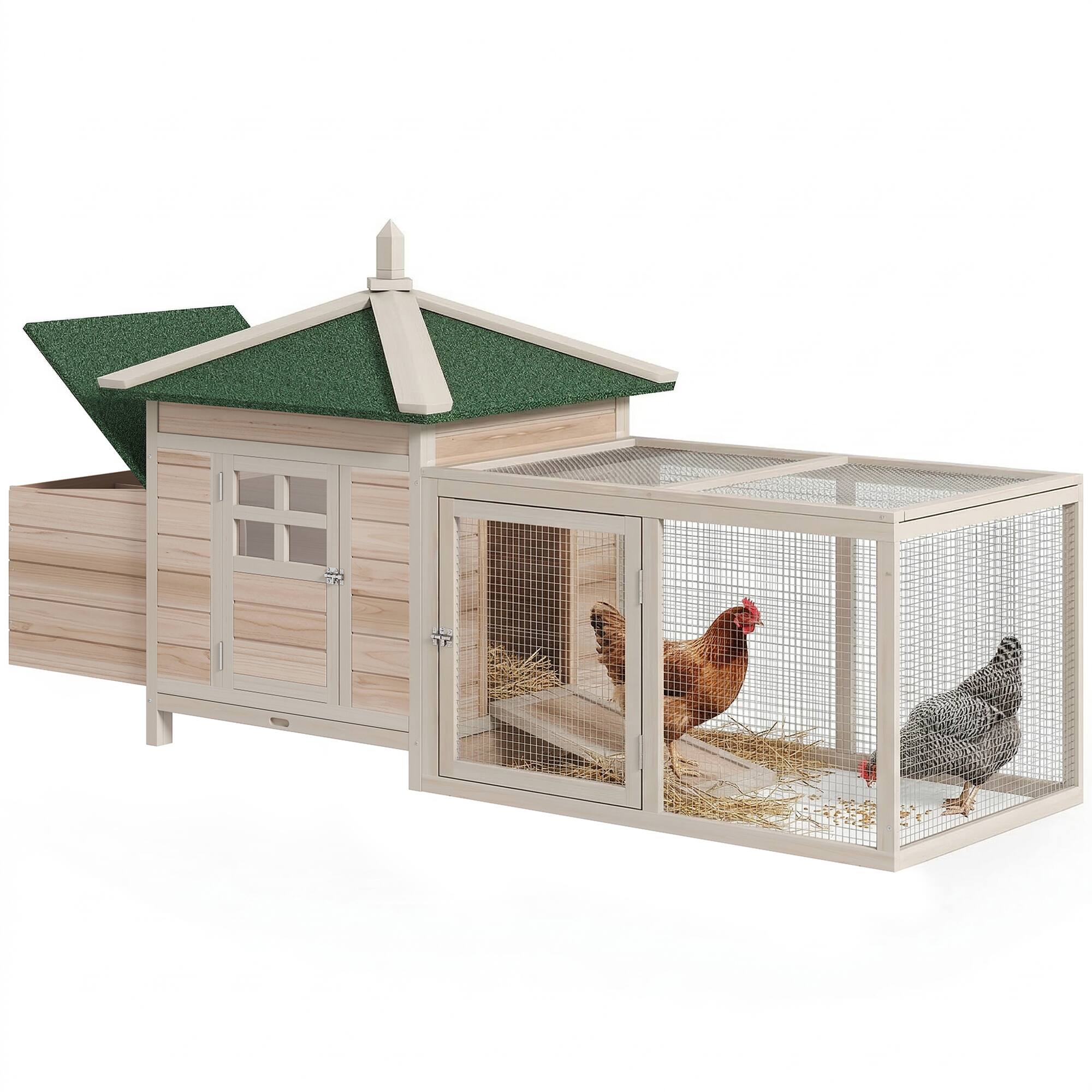 Front. Pawhut - 77" Wooden Chicken Coop with Nesting Box, Cute Outdoor Hen House with Removable Tray, Ramp Run, for Garden Backyard.