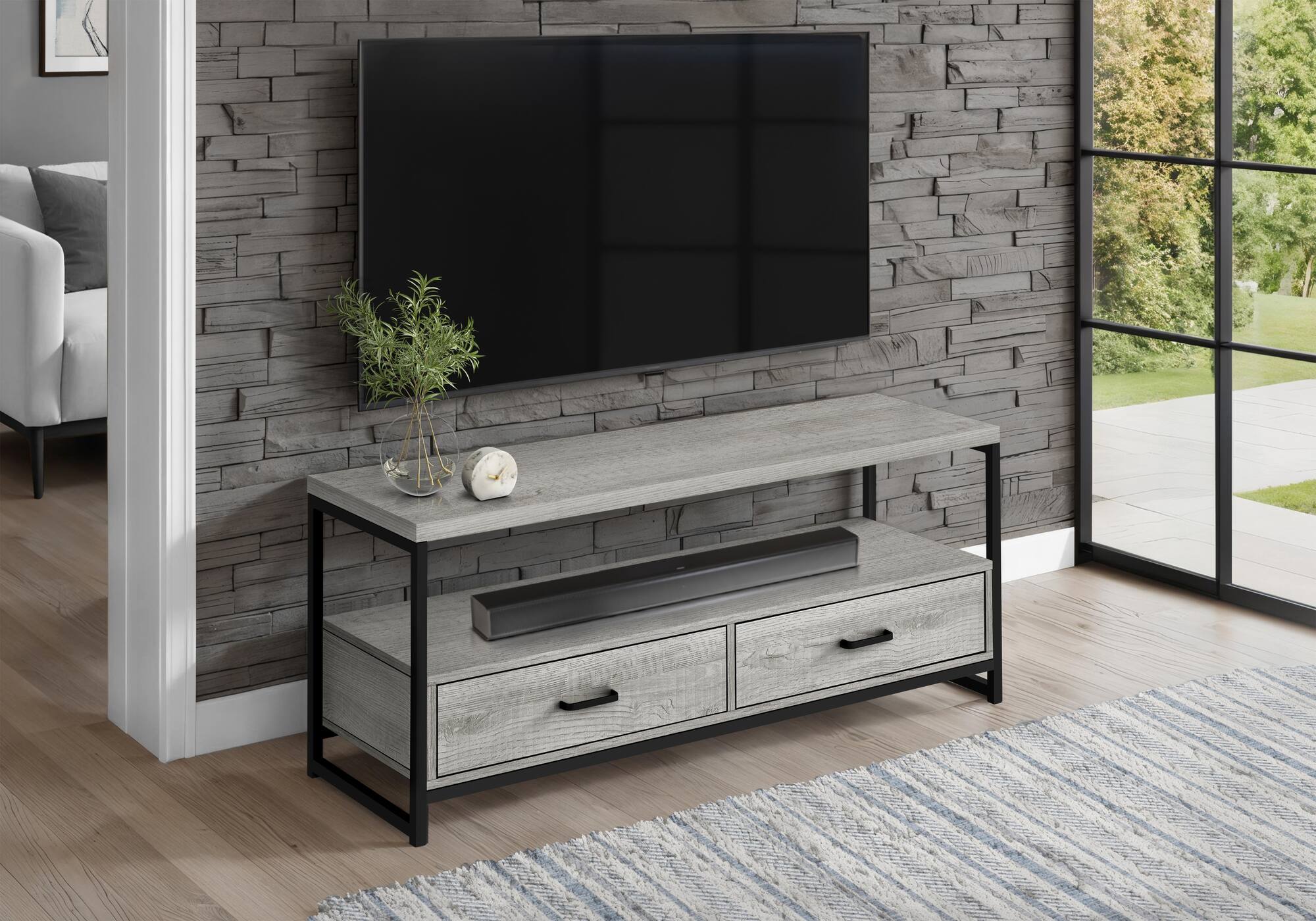 Front. Spaco - Spaco TV Stand for TVs Up to 55 Inch, 48” Industrial Entertainment Center Media Console with Wood Look, 2 Drawers - Grey.