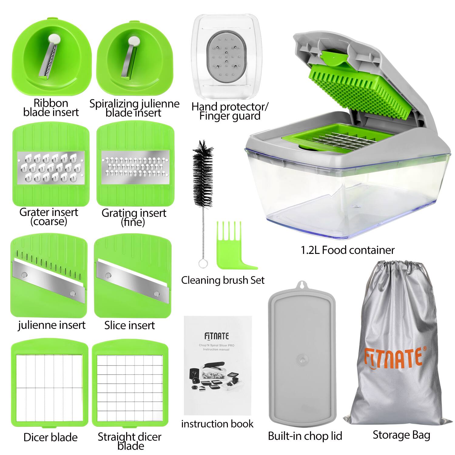 Ribbon blade insert, Spiralizing julienne blade insert, Hand protector/finger guard, Grater insert (coarse), Grating insert (fine), 1.2L Food container, Cleaning brush Set, julienne insert, Slice insert, Dicer blade, Straight dicer, instruction book, Built-in chop lid, Storage Bag