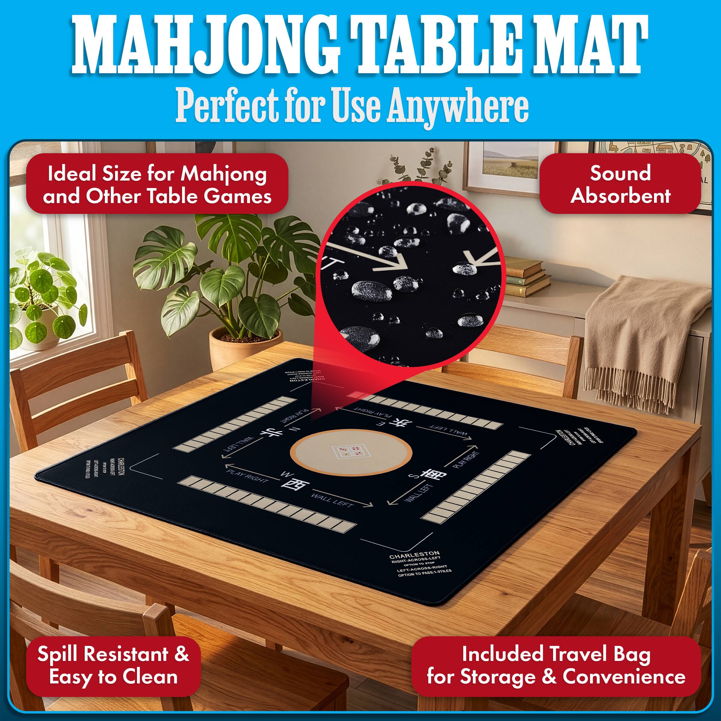 MAHJONG TABLE MAT  
Perfect for Use Anywhere

Ideal Size for Mahjong and Other Table Games

Sound Absorbent

Spill Resistant & Easy to Clean

Included Travel Bag for Storage & Convenience