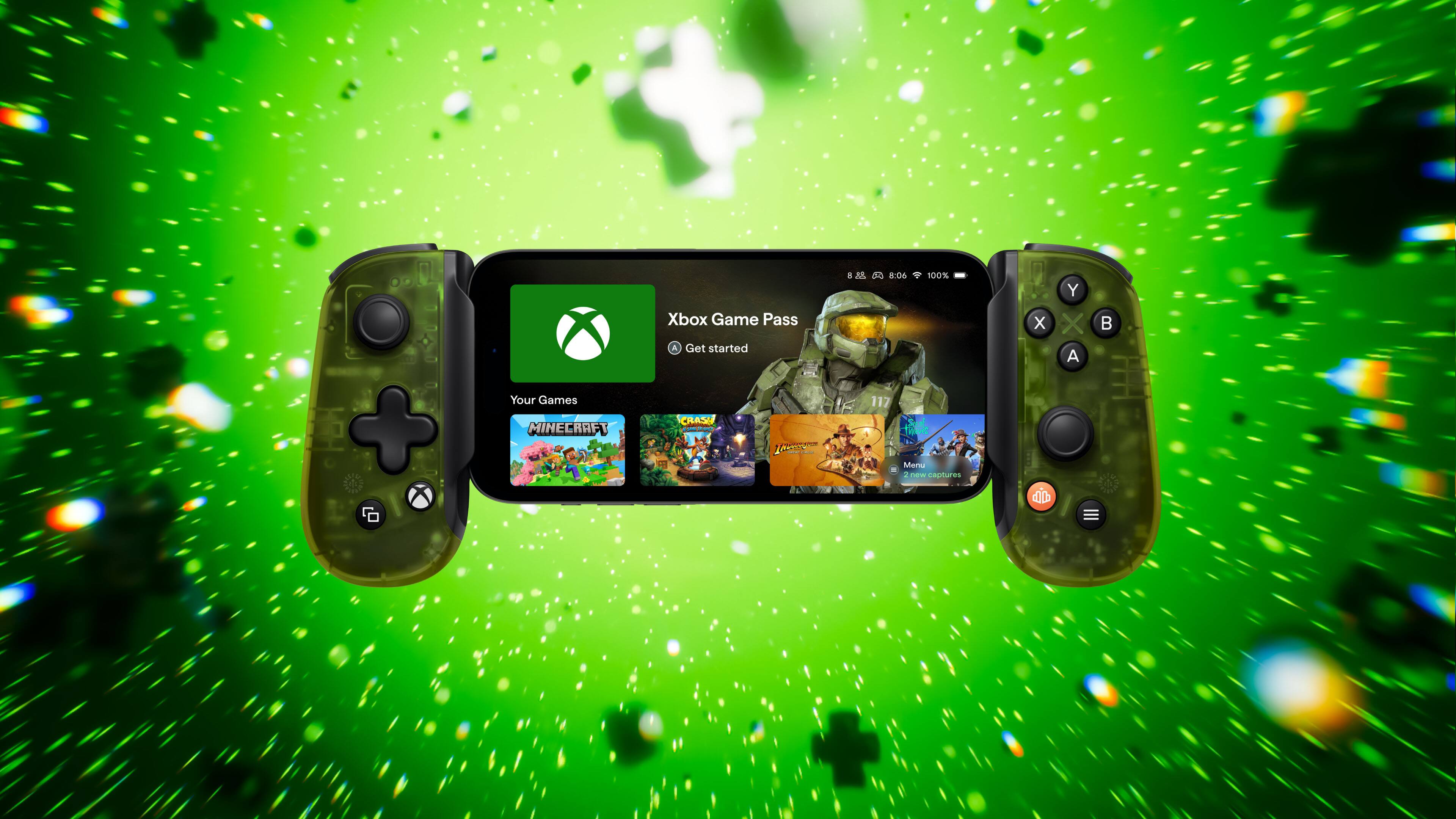 X Xbox Game Pass Get started B 1 aro 8:06 100% X Y X A CO0. Your Games MINECRAFT CRASH 1 - M - 117 Mene 2 new captures.