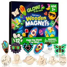 Joyfy - 12 Pcs Wooden Magnets Painting Art & Craft for Kids, Glow in The Dark Painting Kit, Halloween Crafts Christmas Gift - Multicolor