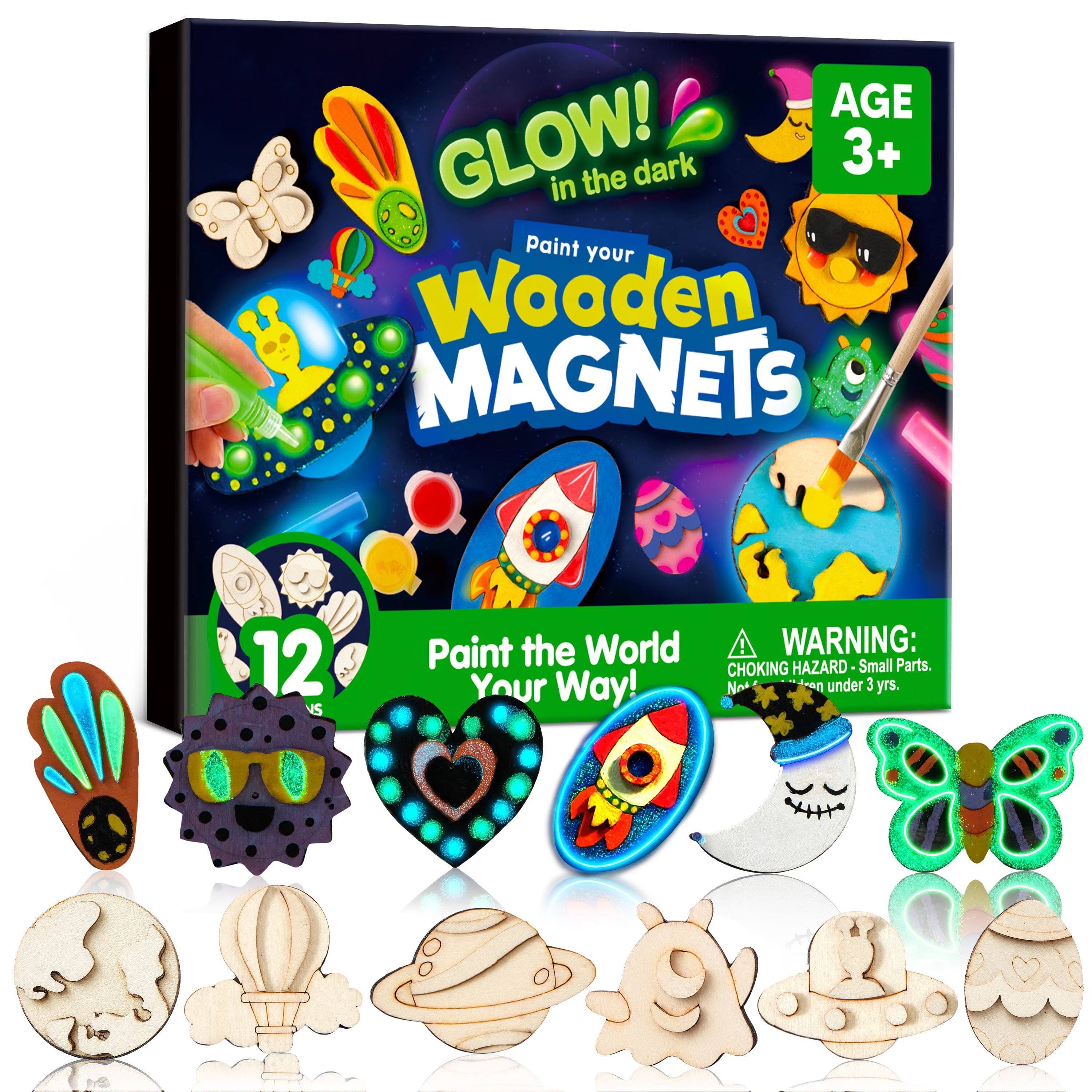 Joyfy - 12 Pcs Wooden Magnets Painting Art & Craft for Kids, Glow in The Dark Painting Kit, Halloween Crafts Christmas Gift - Multicolor