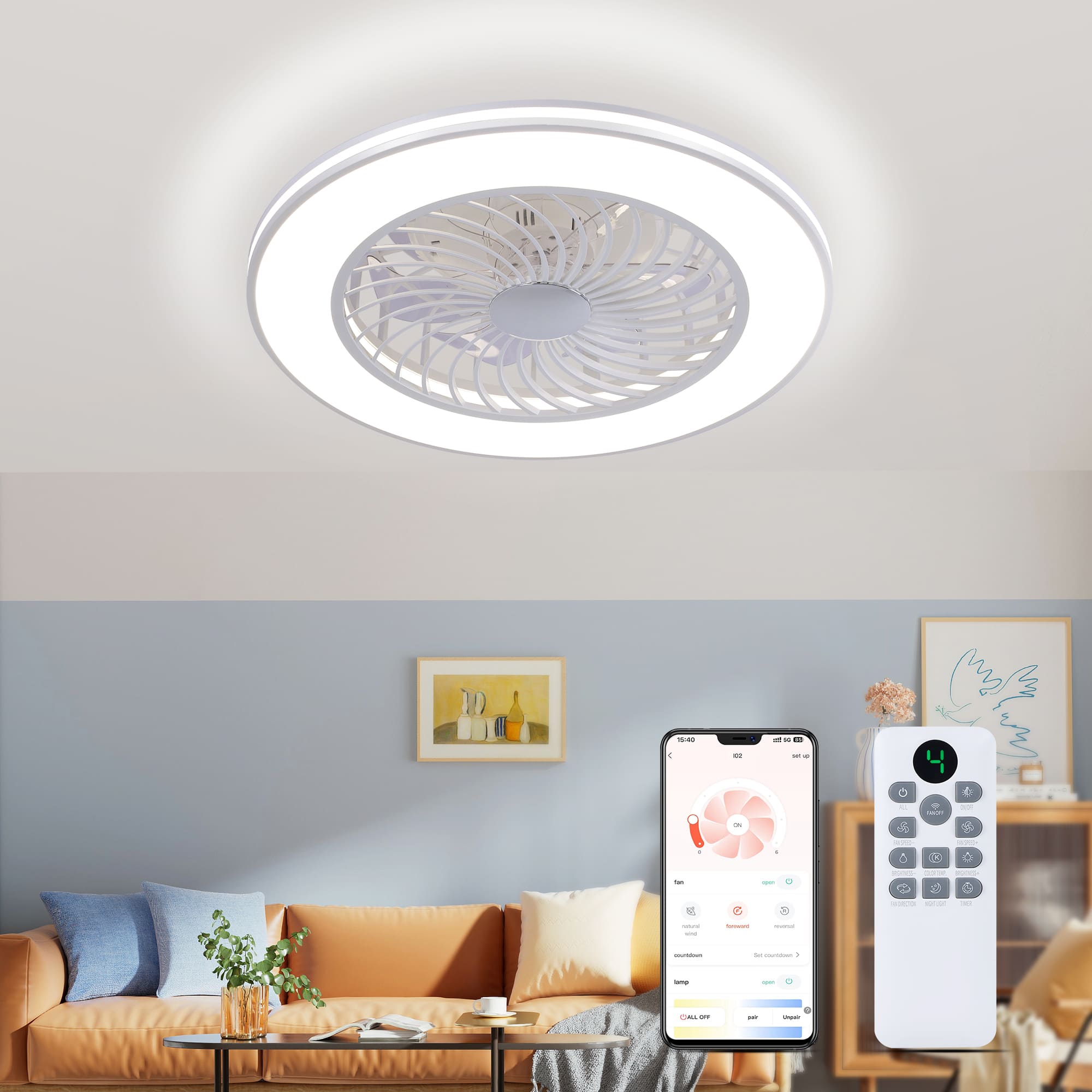 Front. Domanki - 24" Ceiling Fans with Lights and Remote, Low Profile Ceiling Fan with 6 Wind Speed and 3 Colors Light - White.