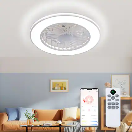 Front. Domanki - 24" Ceiling Fans with Lights and Remote, Low Profile Ceiling Fan with 6 Wind Speed and 3 Colors Light - White.