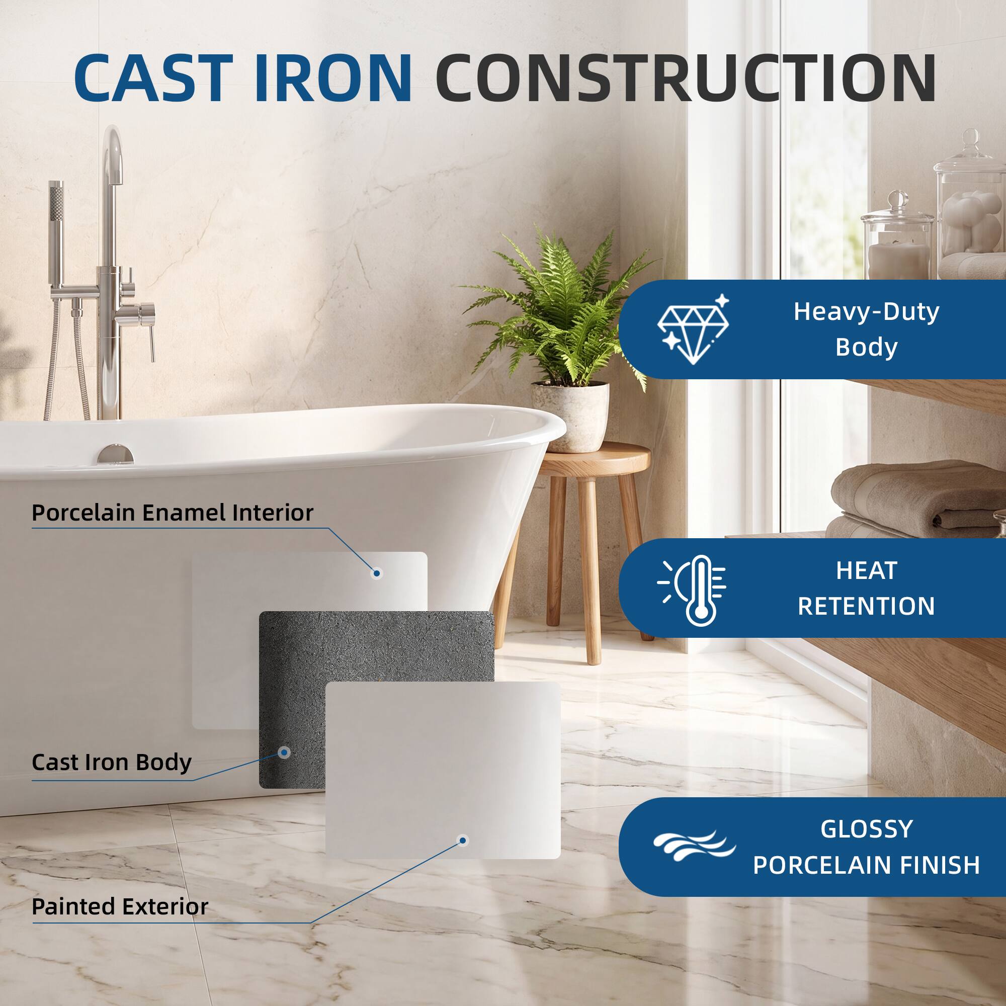 CAST IRON CONSTRUCTION  
Heavy-Duty Body  
Porcelain Enamel Interior  
HEAT RETENTION  
Cast Iron Body  
GLOSSY PORCELAIN FINISH  
Painted Exterior