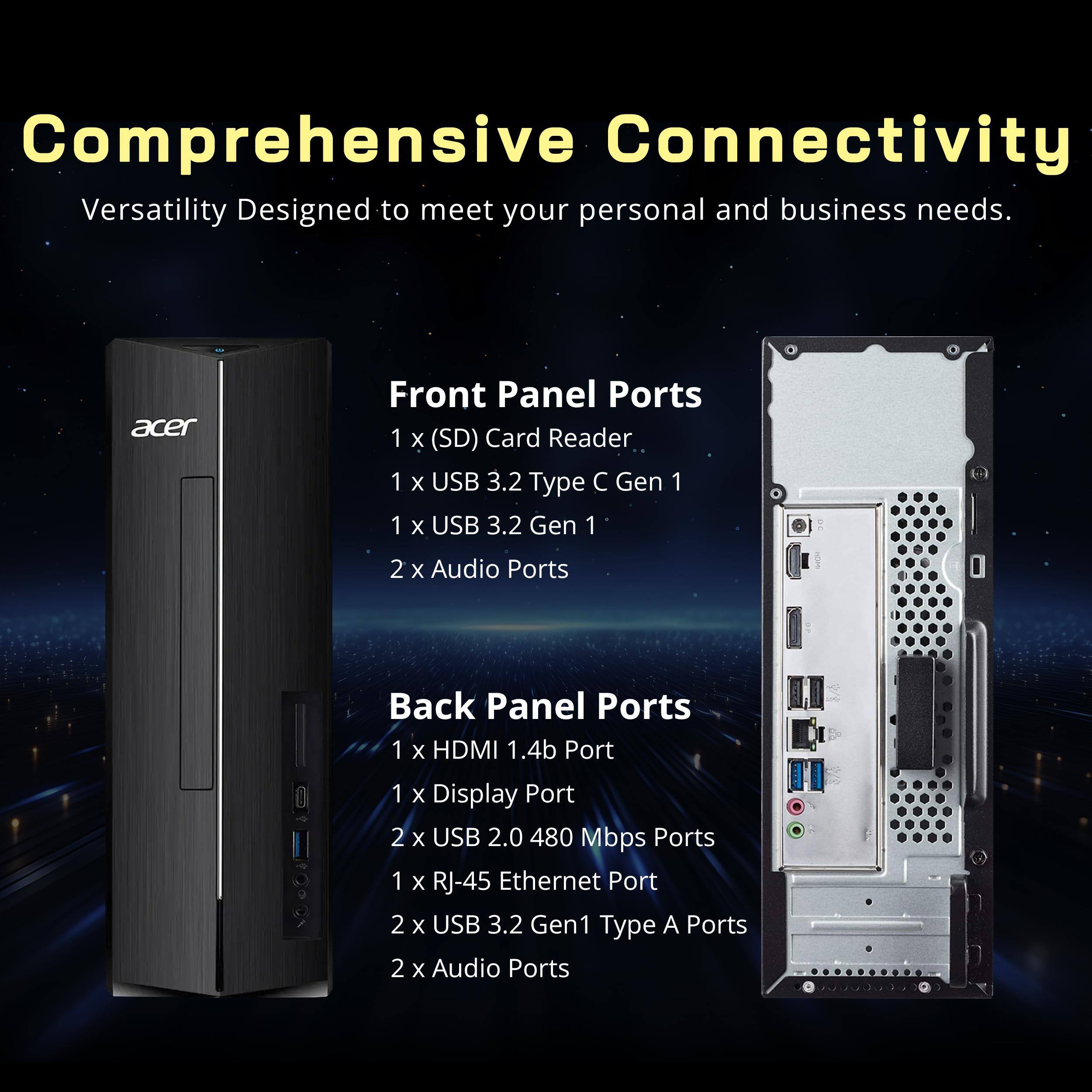 Comprehensive Connectivity  
Versatility Designed to meet your personal and business needs.

acer

Front Panel Ports  
1 x (SD) Card Reader  
1 x USB 3.2 Type C Gen 1  
1 x USB 3.2 Gen 1  
2 x Audio Ports

Back Panel Ports  
1 x HDMI 1.4b Port  
1 x Display Port  
2 x USB 2.0 480 Mbps Ports  
1 x RJ-45 Ethernet Port  
2 x USB 3.2 Gen1 Type A Ports  
2 x Audio Ports