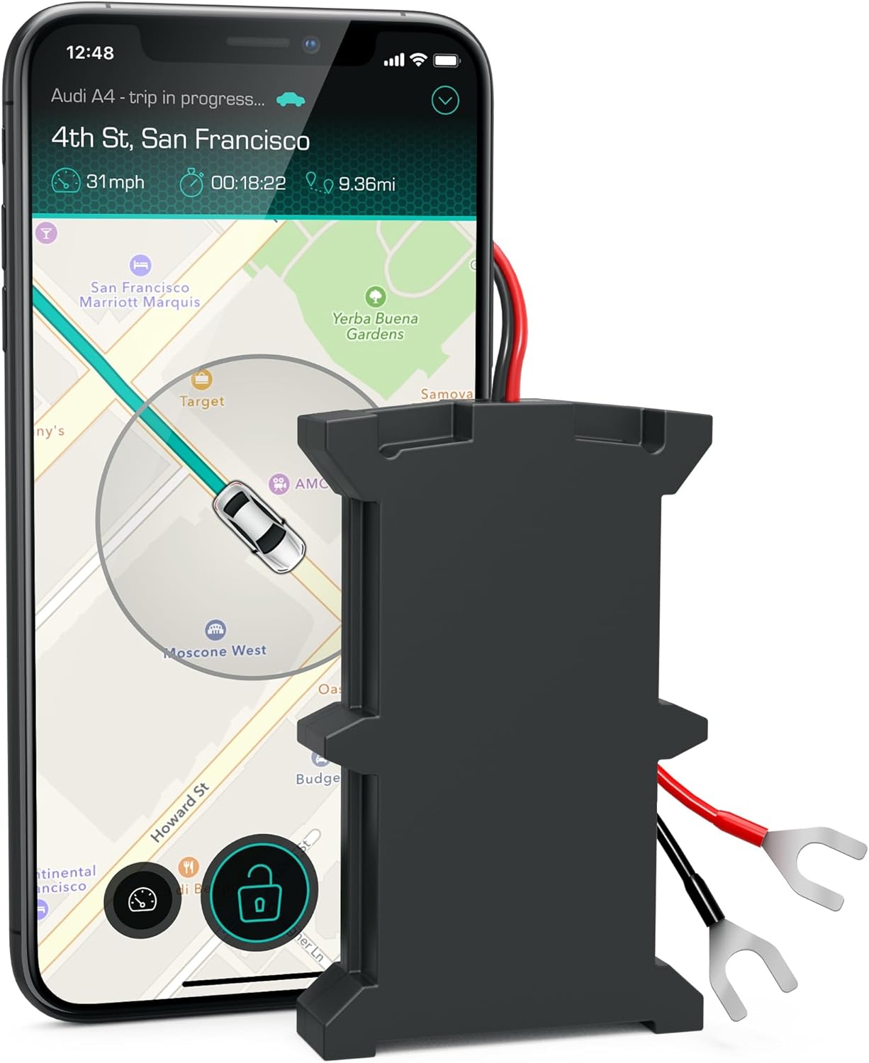 12:48  
Audi A4 - trip in progress...  
4th St, San Francisco  
31 mph  
00:18:22  
9.36 mi  

San Francisco Marriott Marquis  
Yerba Buena Gardens  
Target  
AMC  
Moscone West  
Budget  
Continental  
San Francisco