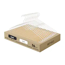 BP4U - 36-Pack S-Shaped Opening Metal Wire Clothes Hangers with Wooden Pants Bar for Sweaters, Jackets, Jeans, Shirts(White) - White/Natural