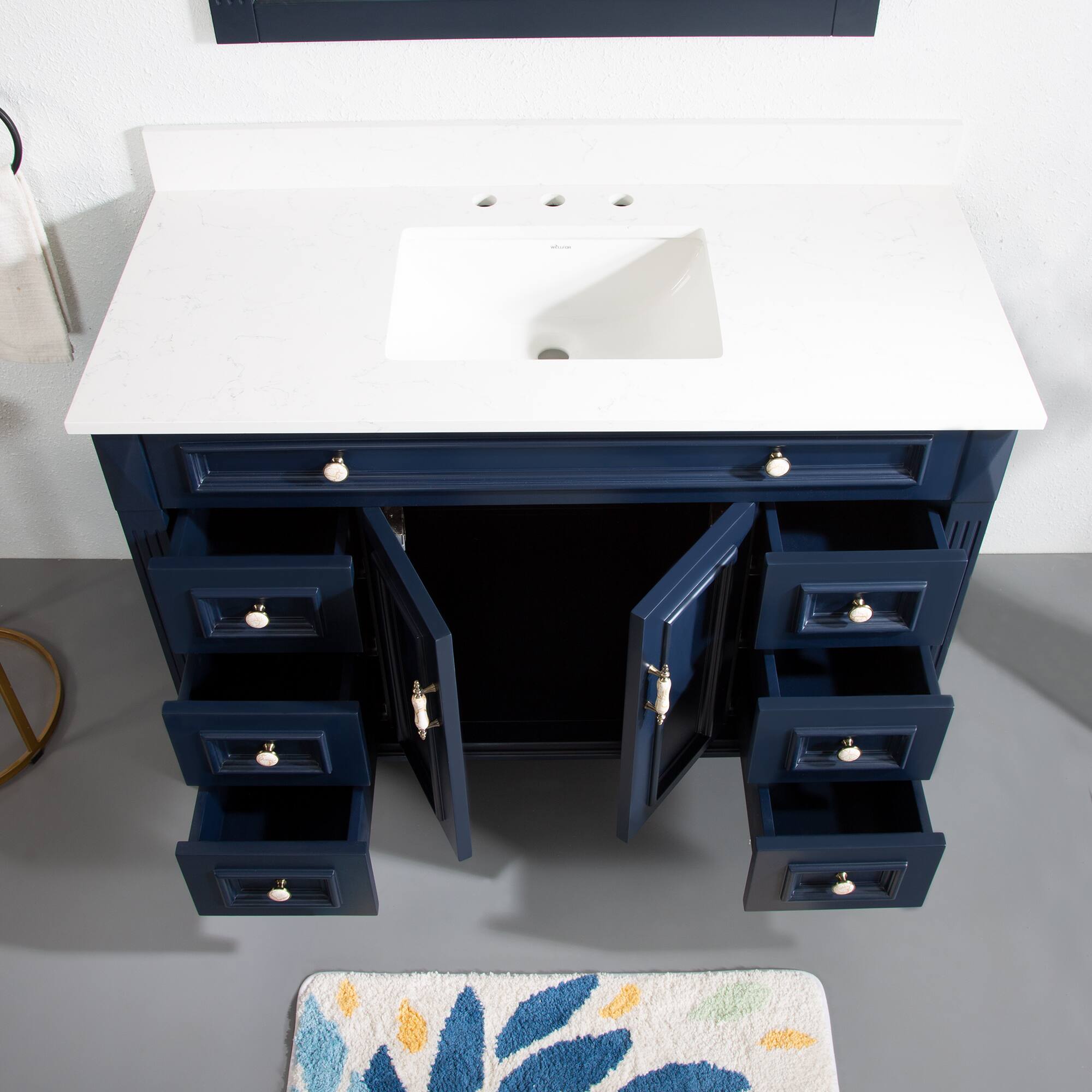Left. WELLFOR - ARTWOOD 48 in. Solid Wood Bath Vanity with Quartz Top, Single Sink, Soft Close, Assembled - Navy Blue.