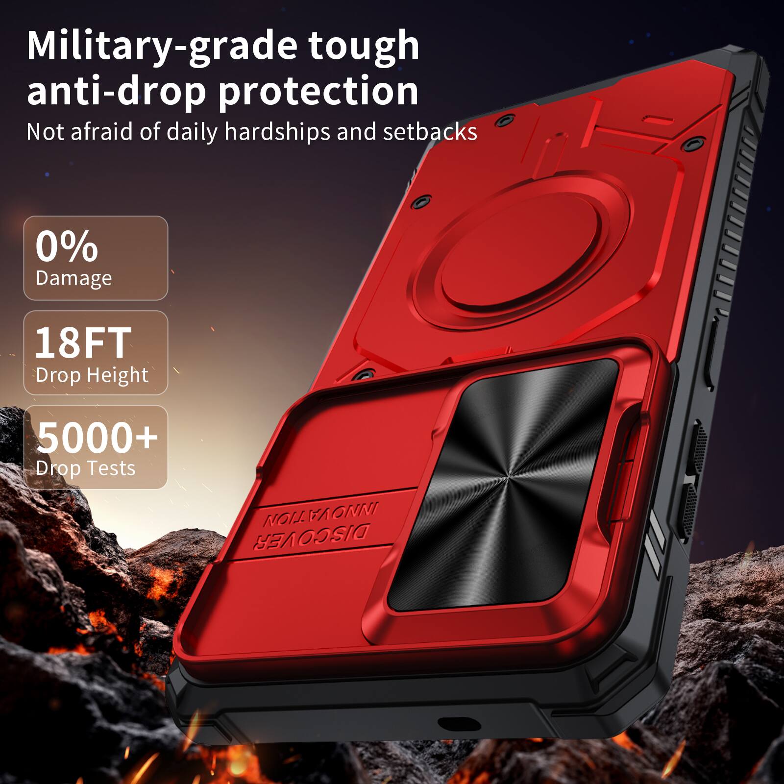 Military-grade tough anti-drop protection  
Not afraid of daily hardships and setbacks  
0% Damage  
18FT Drop Height  
5000+ Drop Tests