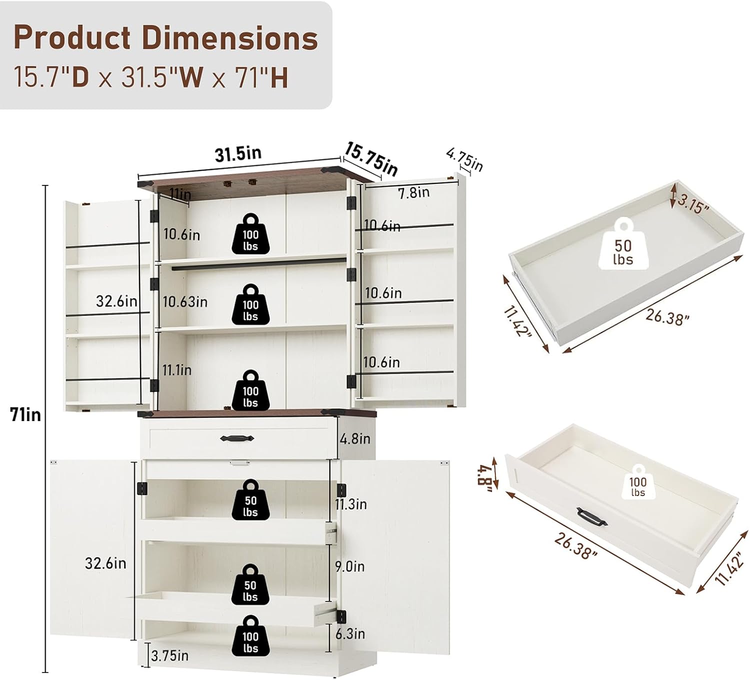 Product Dimensions: 15.7"D x 31.5"W x 71"H

- 31.5in
- 15.75in
- 10.6in
- 7.8in
- 10.6in
- 10.63in
- 11.1in
- 11.42"
- 26.38"
- 4.8in
- 11.3in
- 9.0in
- 4.8"
- 26.38"
- 11.42"
- 3.75in

Weight Capacity:
- 100 lbs
- 50 lbs
- 50 lbs
- 50 lbs