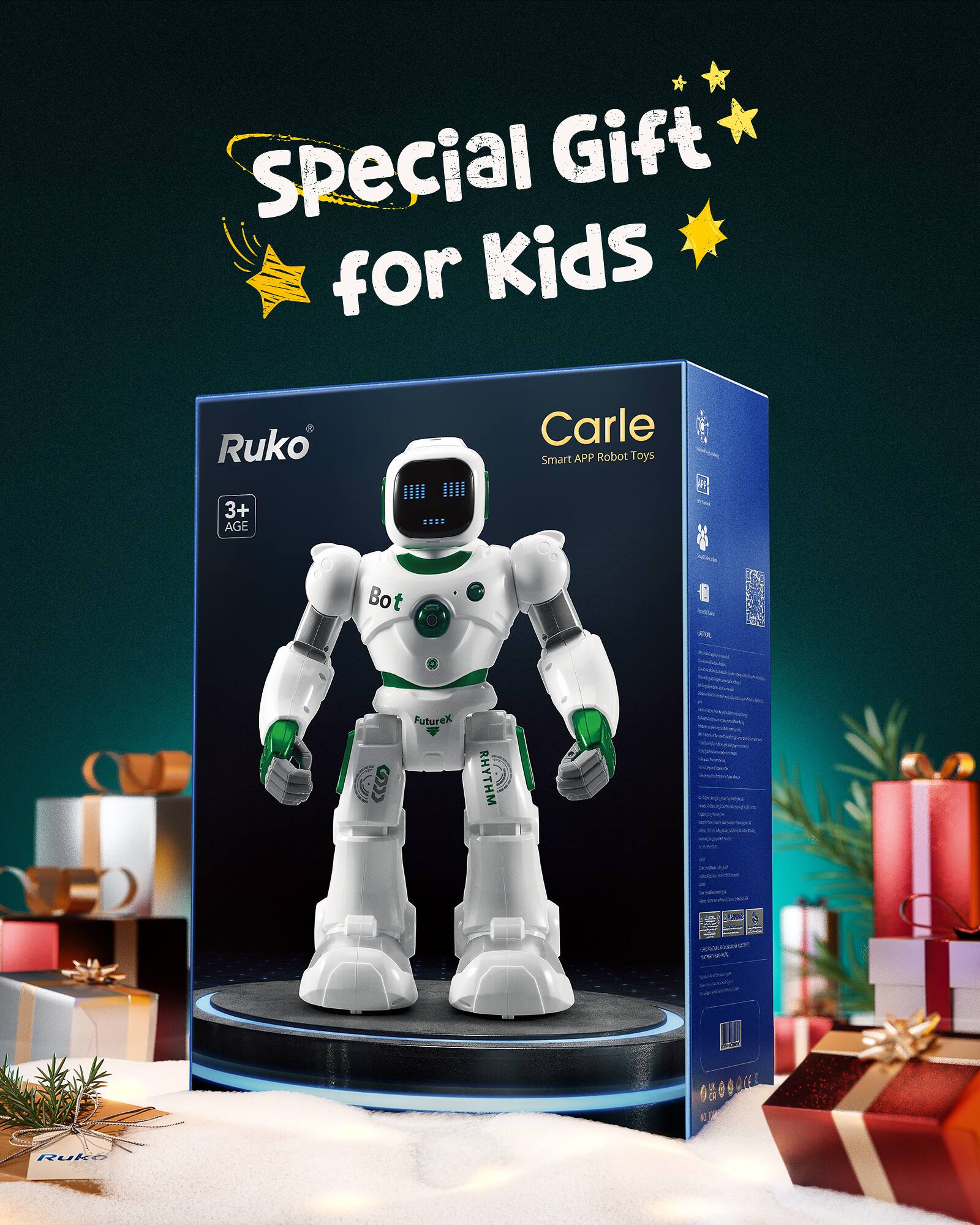 Special Gift for Kids  
Ruko Carle Smart APP Robot Toys  
3+ AGE  
Bot S9 FutureX RHYTHM LAN EM  
KE RUKO