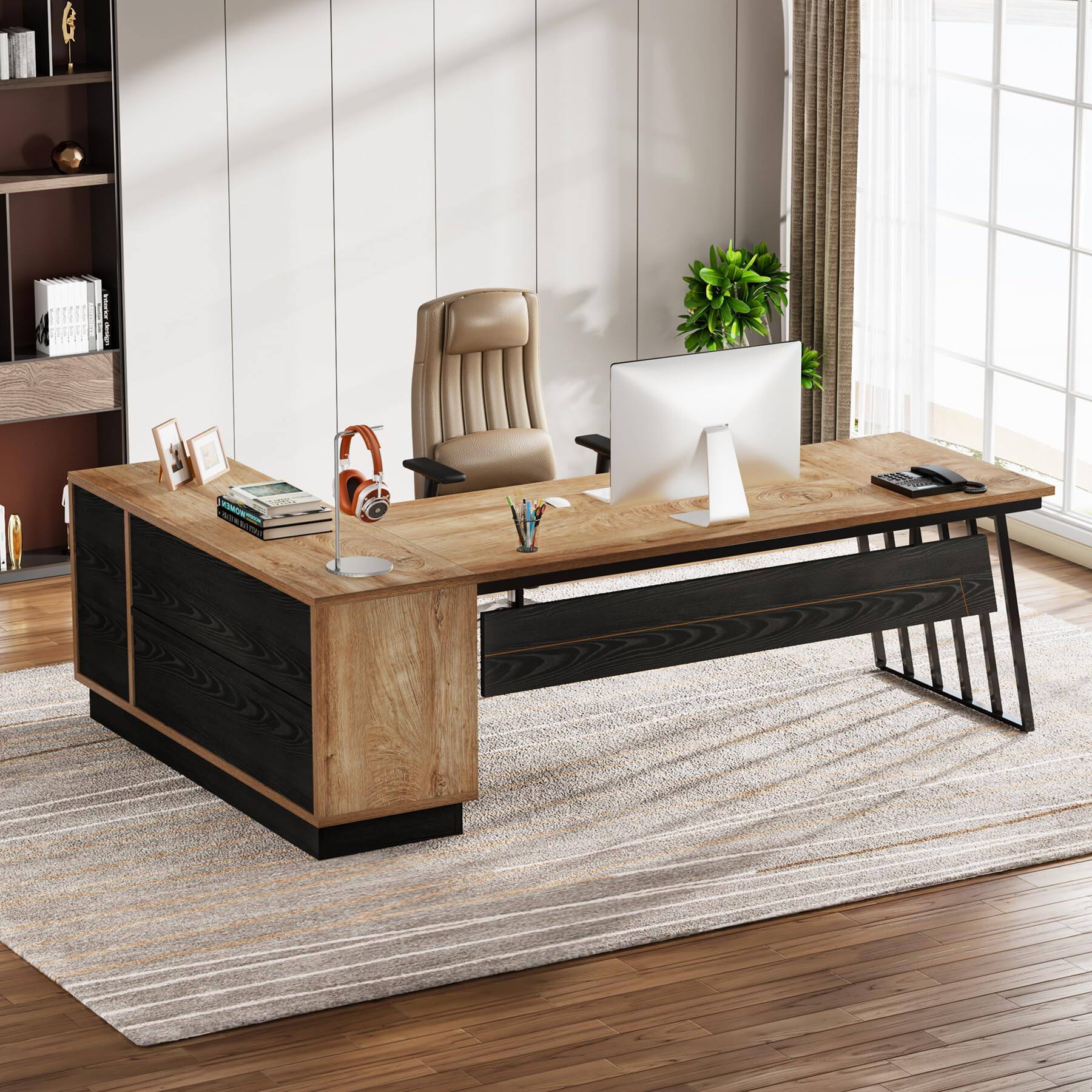 Alt View 2. Tribesigns - 71” Executive Desk, L-Shaped Desk with Cabinet, Oak and Black - Black.