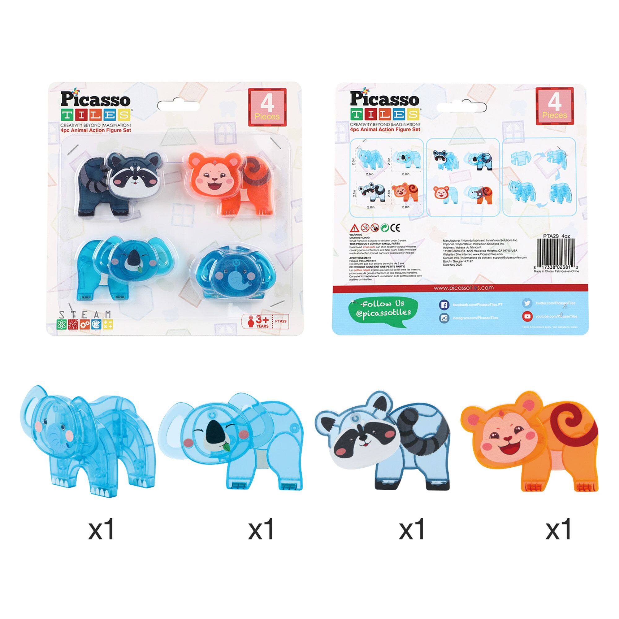 Picasso Tiles  
Creativity Beyond Imagination  
4pc Animal Action Figure Set  

4 Pieces  

www.picassotiles.com  

Follow Us @picassotiles  

STEAM  

3+ Years  

PTA92 401  

731302387  

Made in China  

©2021 PicassoTiles